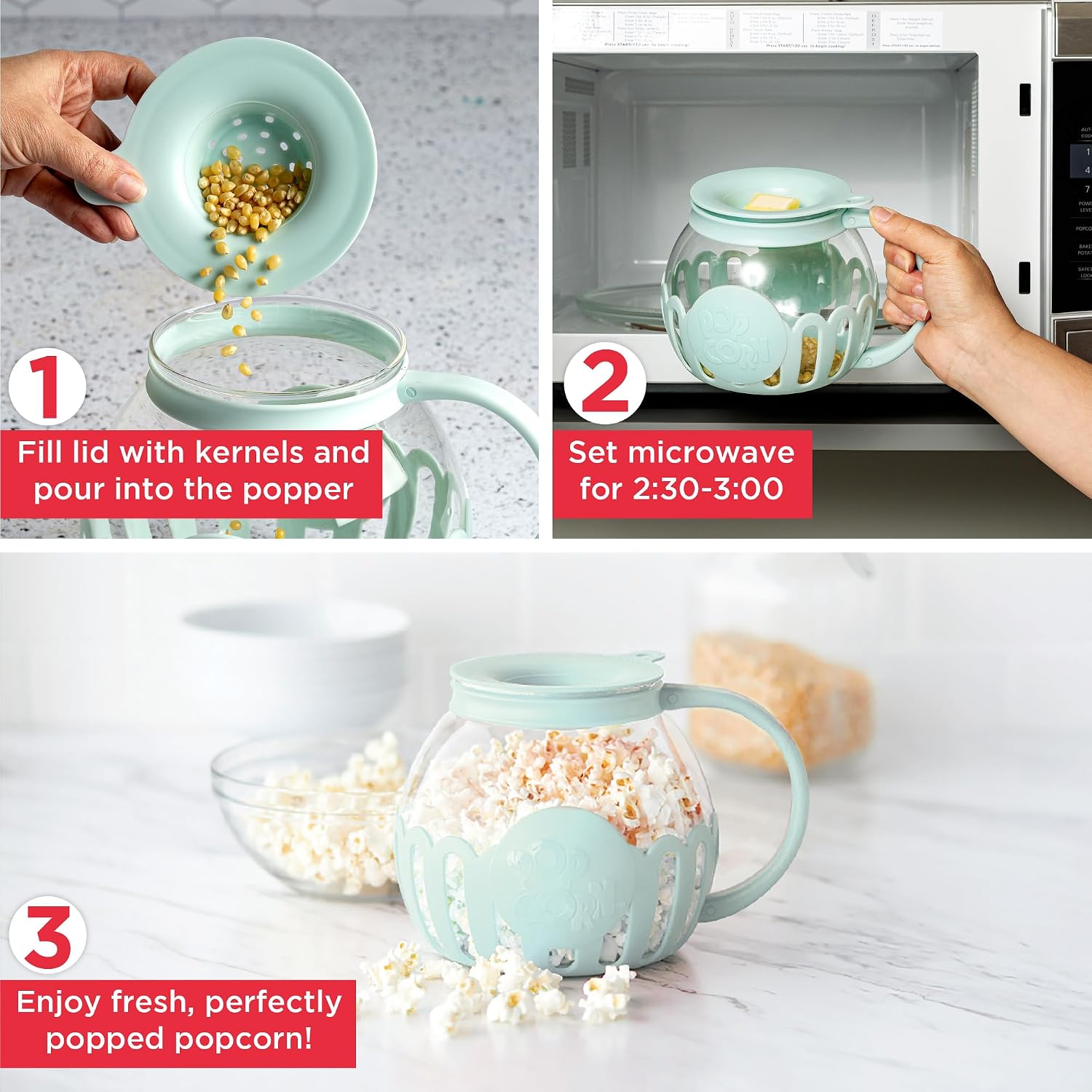 Ecolution Patented Micro-Pop Microwave Popcorn Popper with Temperature Safe Glass, 3-in-1 Lid Measures Kernels and Melts Butter, Made Without BPA, Dishwasher Safe, 3-Quart, Red