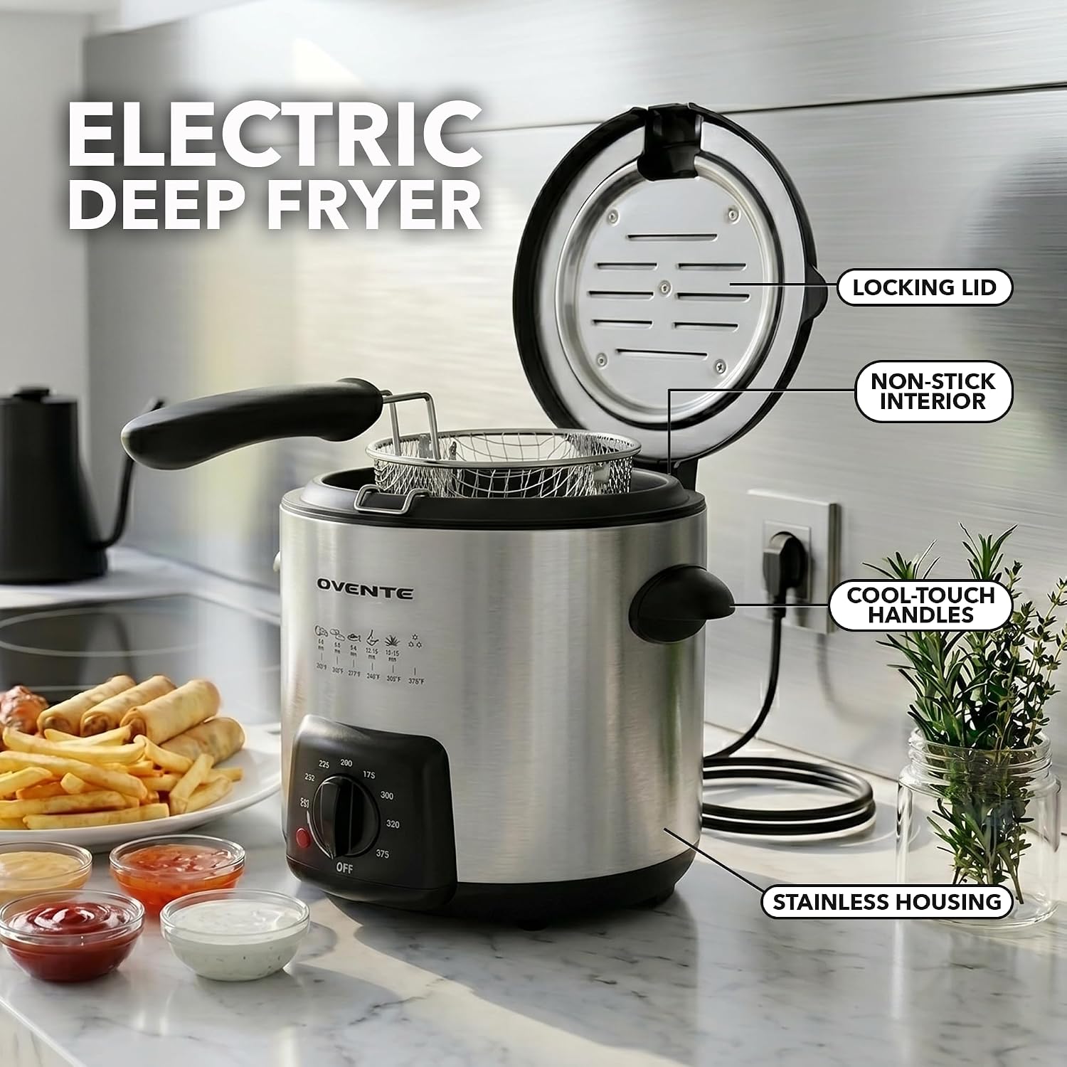 OVENTE Electric Deep Fryer, 0.9L Capacity, 840W, Silver FDM1091BR | Adjustable Temperature Knob, Locking Lid, Removable Frying Basket and Cool Touch Handle, Easy to Clean Stainless Steel Body