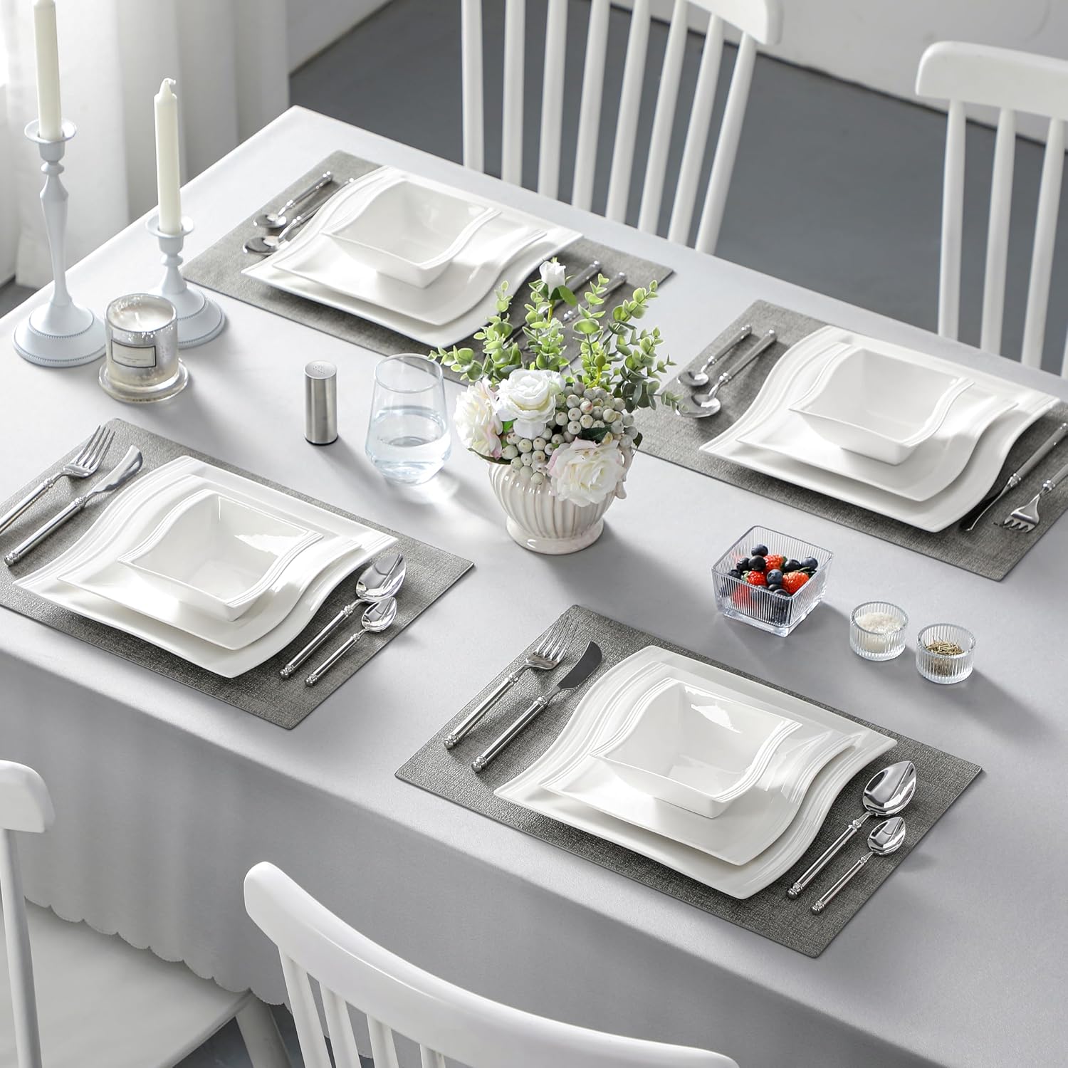 MALACASA Plates and Bowls Sets, 26 Pieces Ivory White Porcelain Dinnerware Sets without Mugs, Square Dinnerware with Dinner Plates, Bowls and Serving Platters, Modern Dish Set for 6, Series Flora