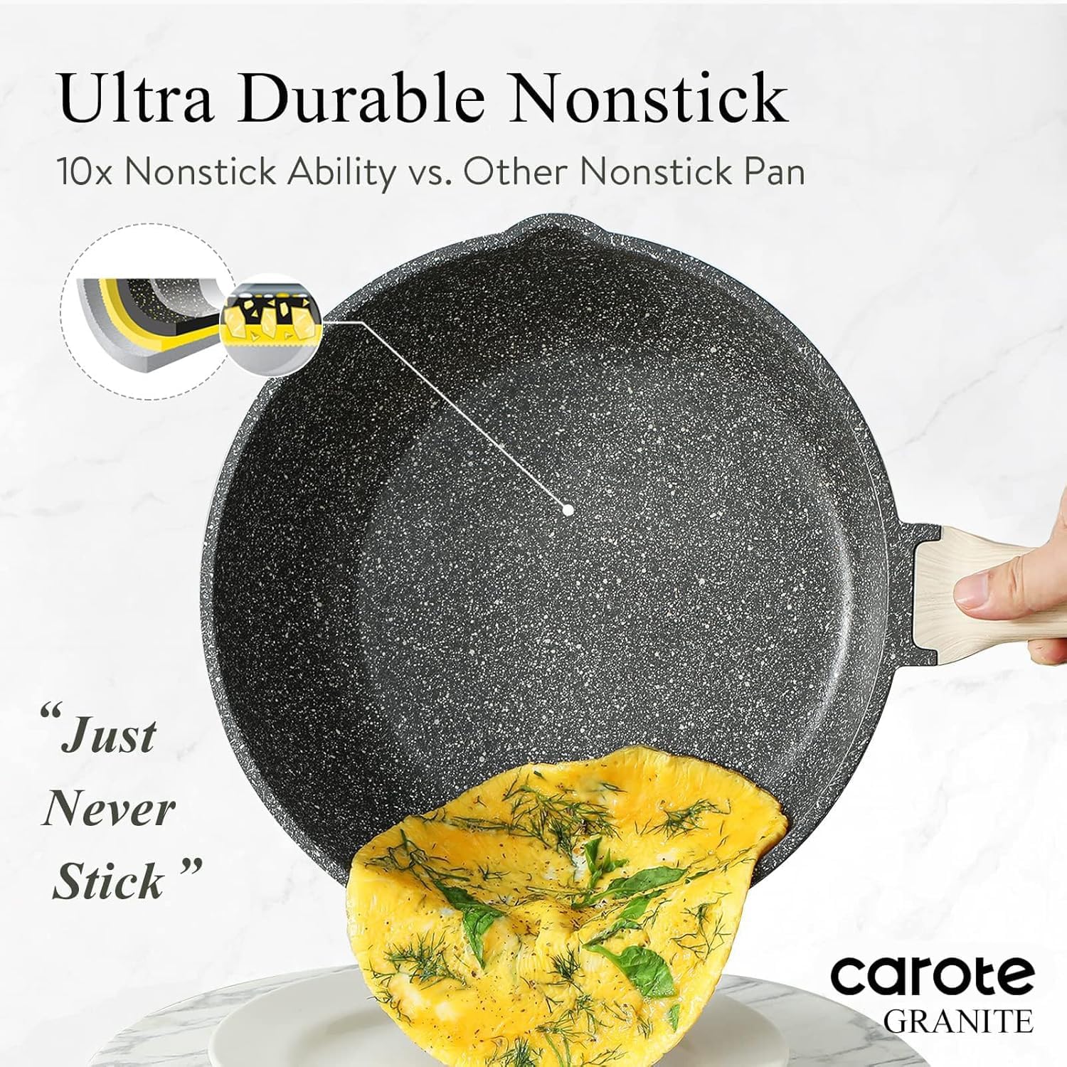 CAROTE 12 Inch Nonstick Deep Frying Pan with Lid, 5.5 Qt Black Granite | Kitchen Non-Toxic PFOA Free Cookware, Covered Sauté Pans All Stovetops Compatible, Easy to Clean