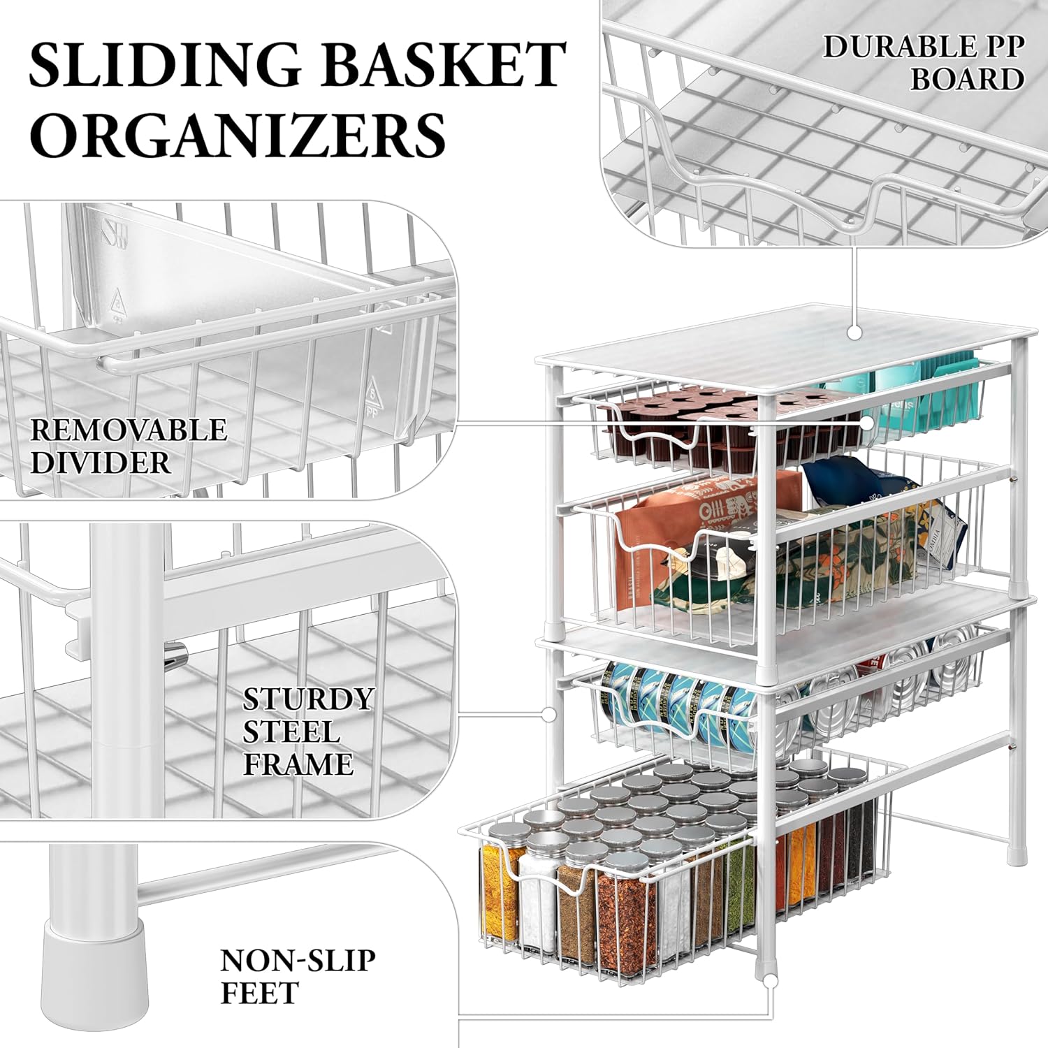 Simple Houseware Stackable 3 Tier Sliding Basket Organizer Drawer, Chrome