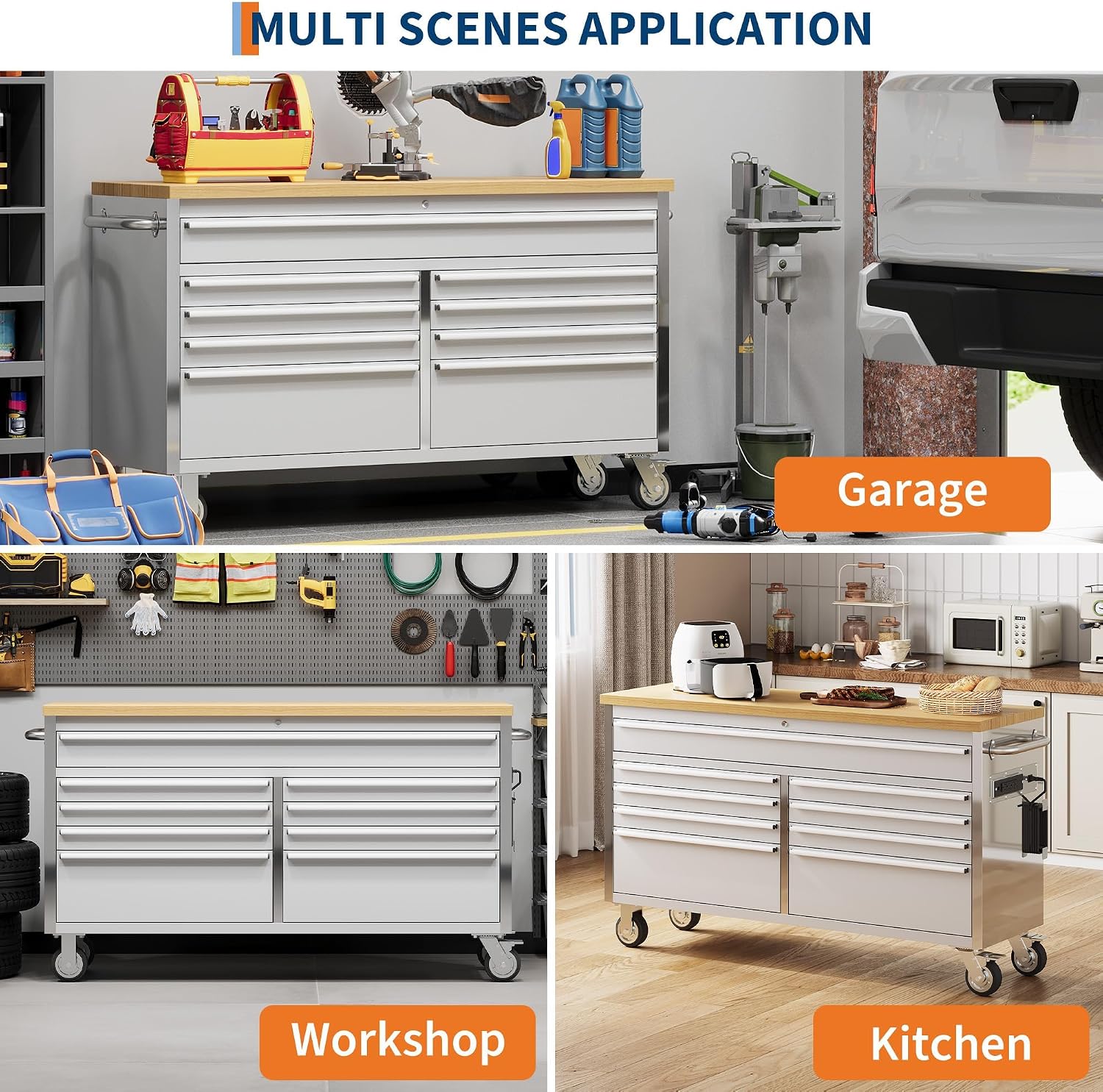 72" Heavy-Duty Rolling Tool Chest & Workbench with 15 Drawers, Steel Rubber Wood Top on Wheels, Key Locking System, Drawer Liners for Garage Warehouse Repair Shop, Black Storage Cabinet.