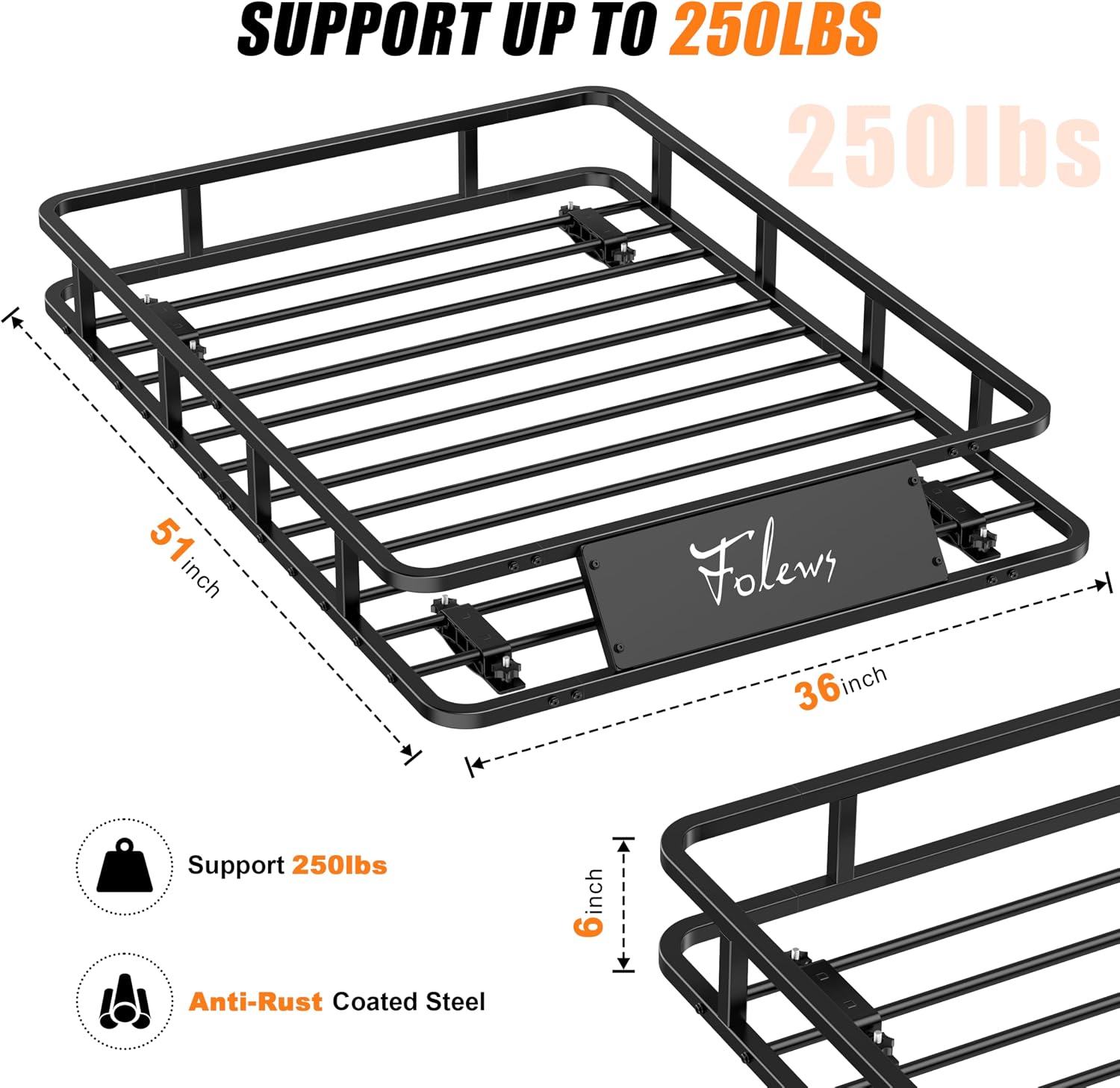 Folews Car Roof Basket 51 x 36 x 6 Inch, Heavy Duty 250LB Cargo Carrier | Roof Rack Basket, Universal Fit, Rooftop Cargo Rack Basket Steel Luggage Holder for SUV, Truck & Pickup