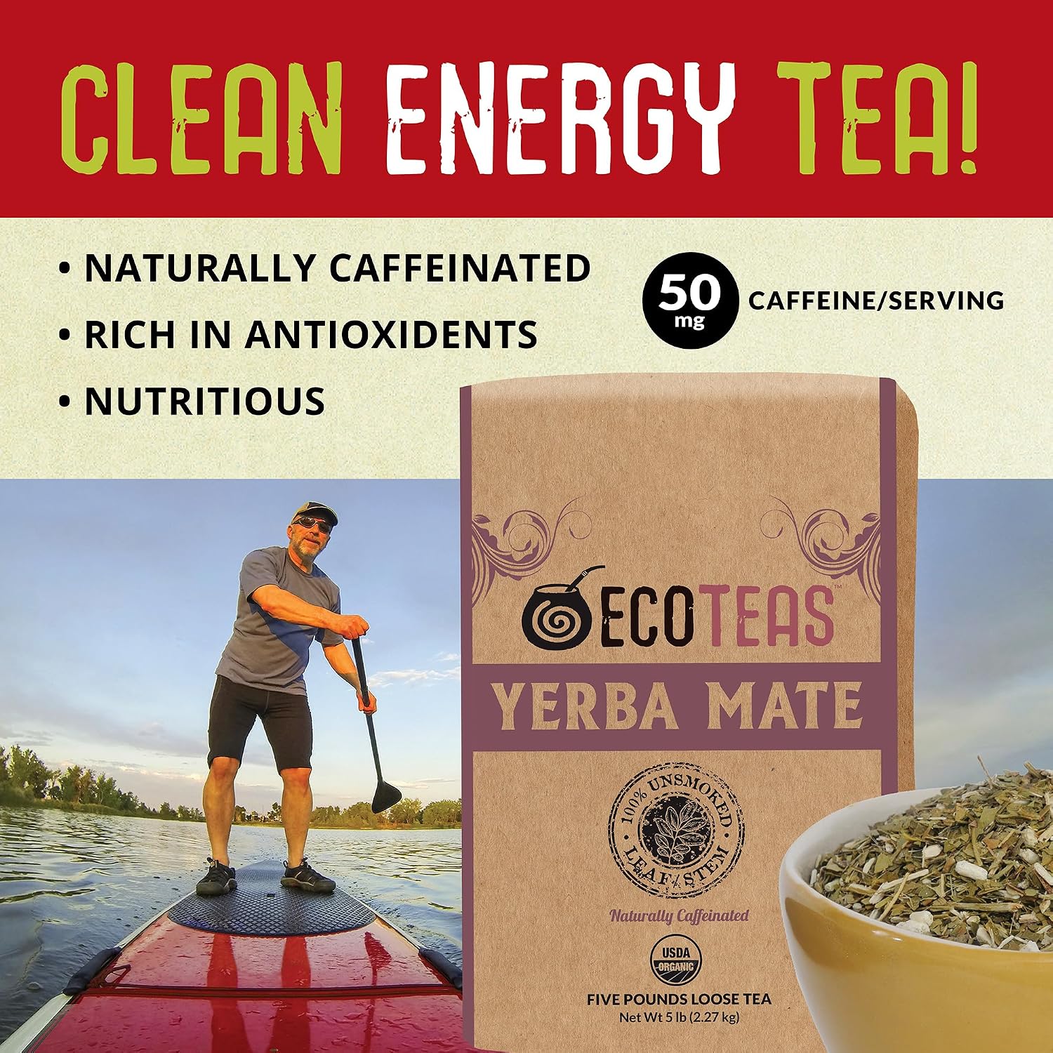 ECOTEAS Organic Yerba Mate Loose Tea Traditional Cut 5 lb Bulk Value Bag | 5 lb bulk traditional cut with stems and powder