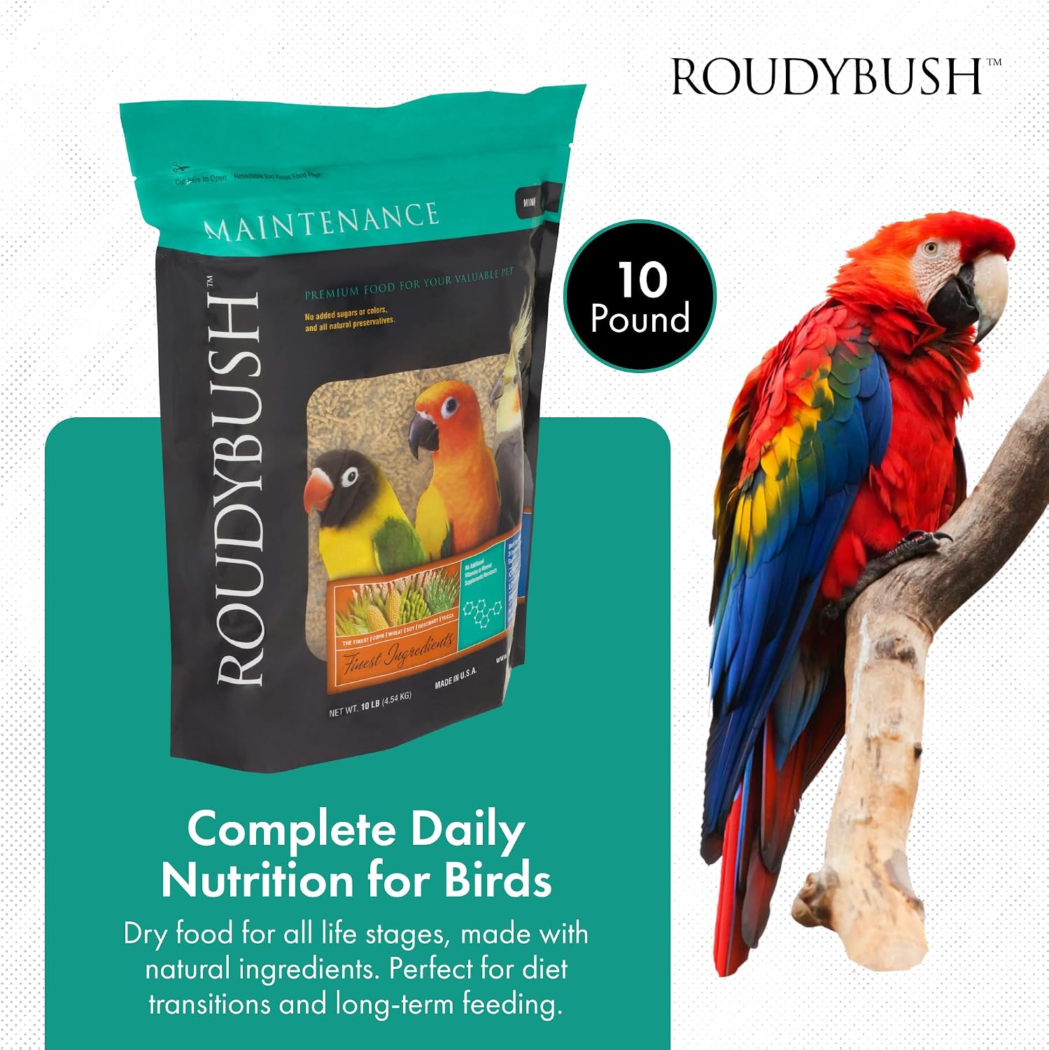 RoudyBush Daily Maintenance Food for Birds - Scientifically Formulated Bird Feed - Bird Food Pellets w/Corn, Wheat, Soy & More - Nutritious & Healthy Feed for Birds (Mini, 44oz)