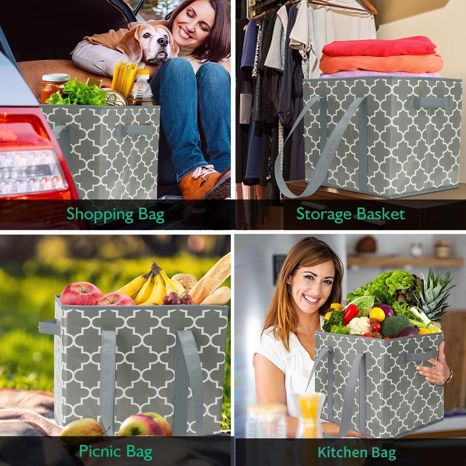 WISELIFE Reusable Grocery Bags 3-Pack Foldable Washable Large Storage Bins Basket Water Resistant Shopping Tote Bag Black