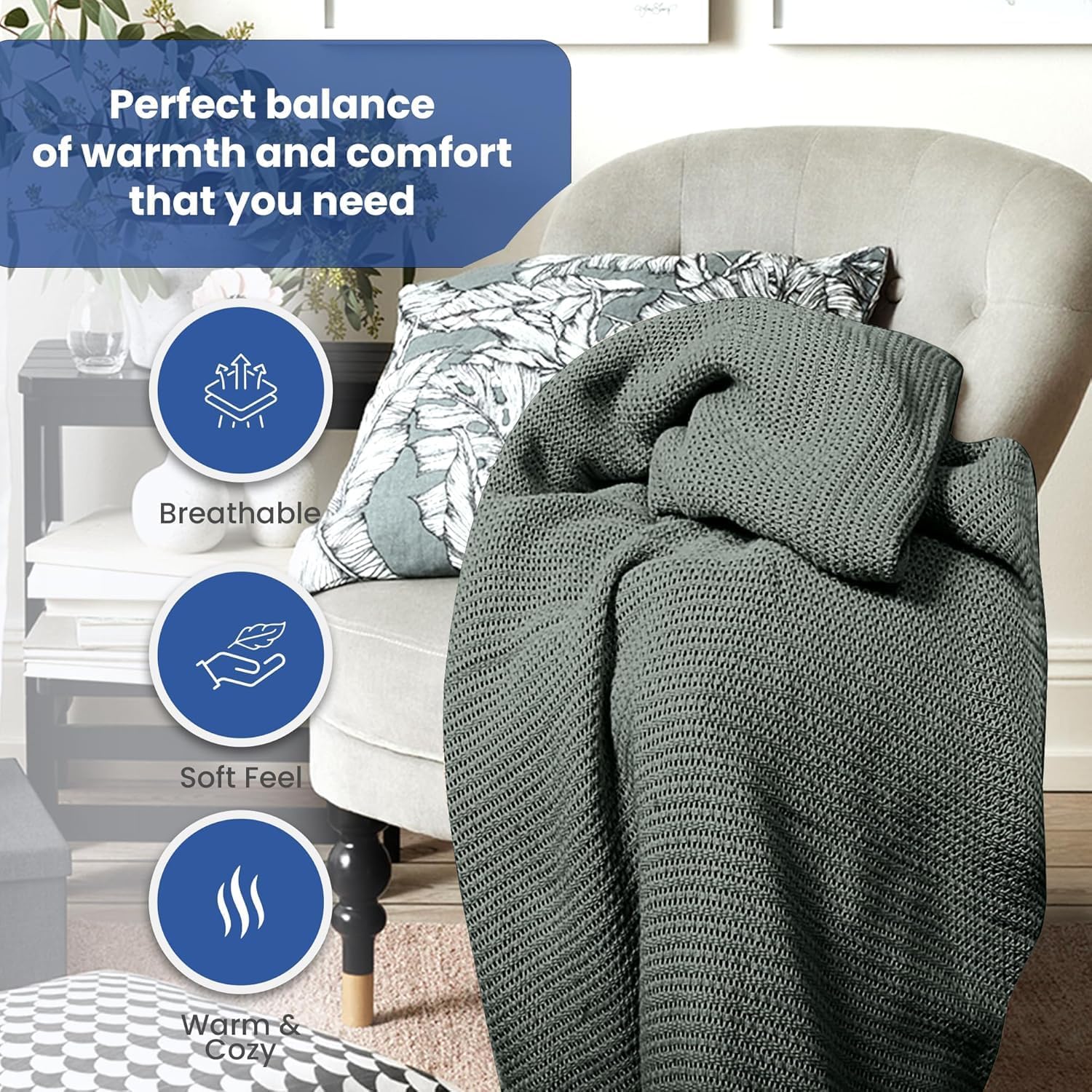 Linteum 100% Cotton Open-Cell Leno Weave Blanket — Breathable All Season — Queen 90x90 — Ice Grey
