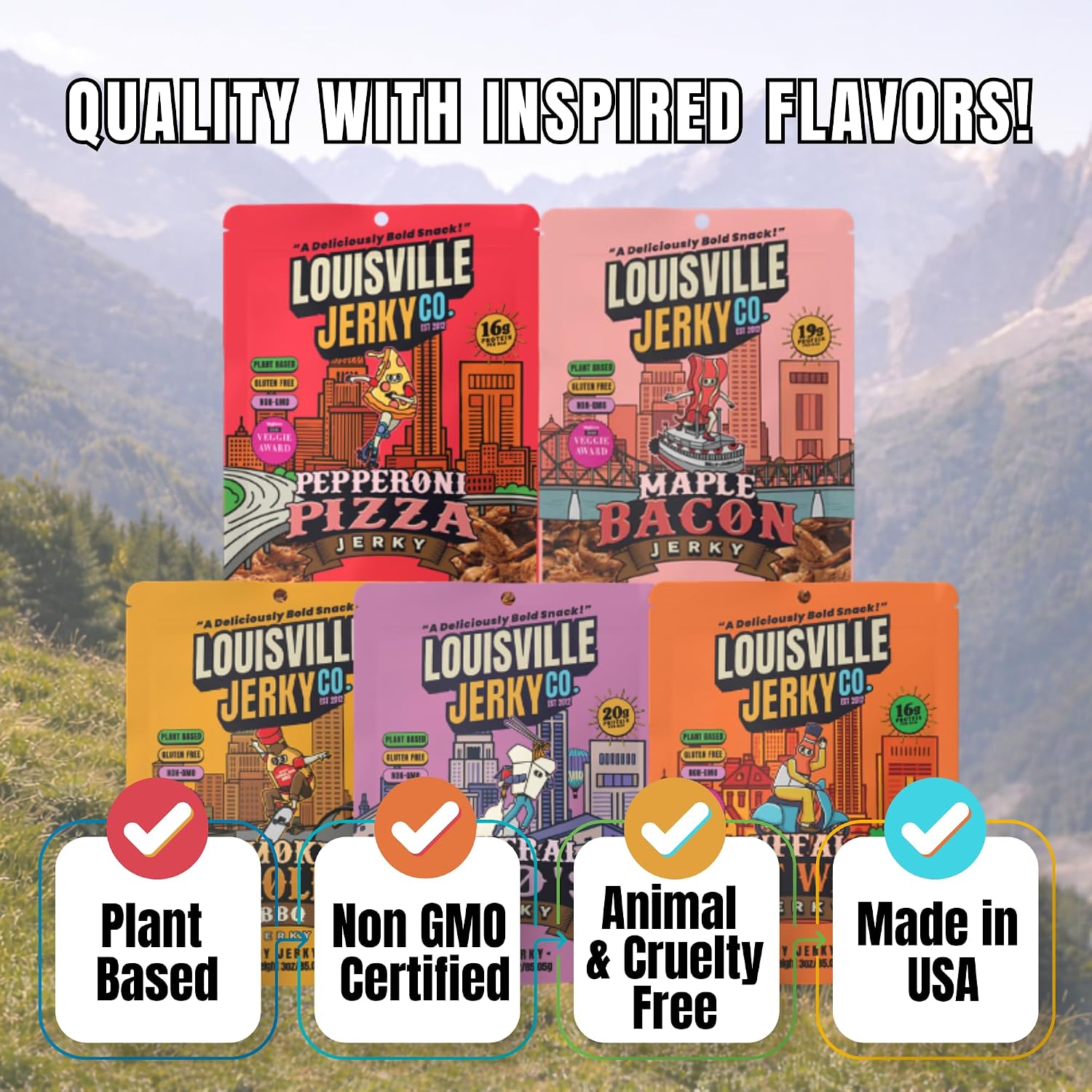 Louisville Jerky Co. Traditional Vegan Jerky Pack, 3 oz, 5-Pack | Plant Based, High Protein Snack, Vegetarian Friendly, BBQ, Buffalo, Maple Bacon, Pepperoni Pizza, Black Pepper