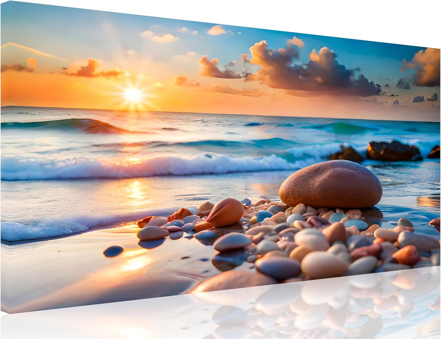 TutuBeer 3 Panel Beach Canvas Wall Art for Home Decor Blue Sea Sunset White Beach Painting the Picture Print on Canvas Seascape the Pictures for Home Decor Decoration,Ready to Hang