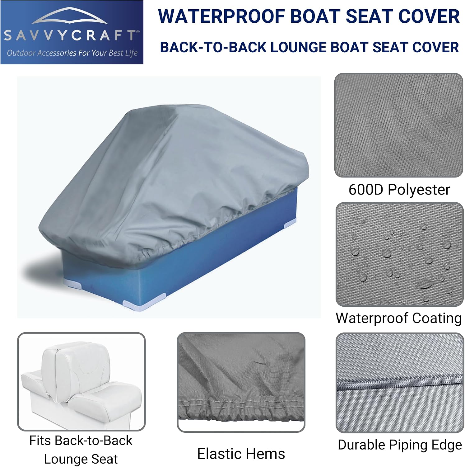SavvyCraft Waterproof Pontoon Lounge Seat Cover Marine Grade 23"Dx60"Wx30"H