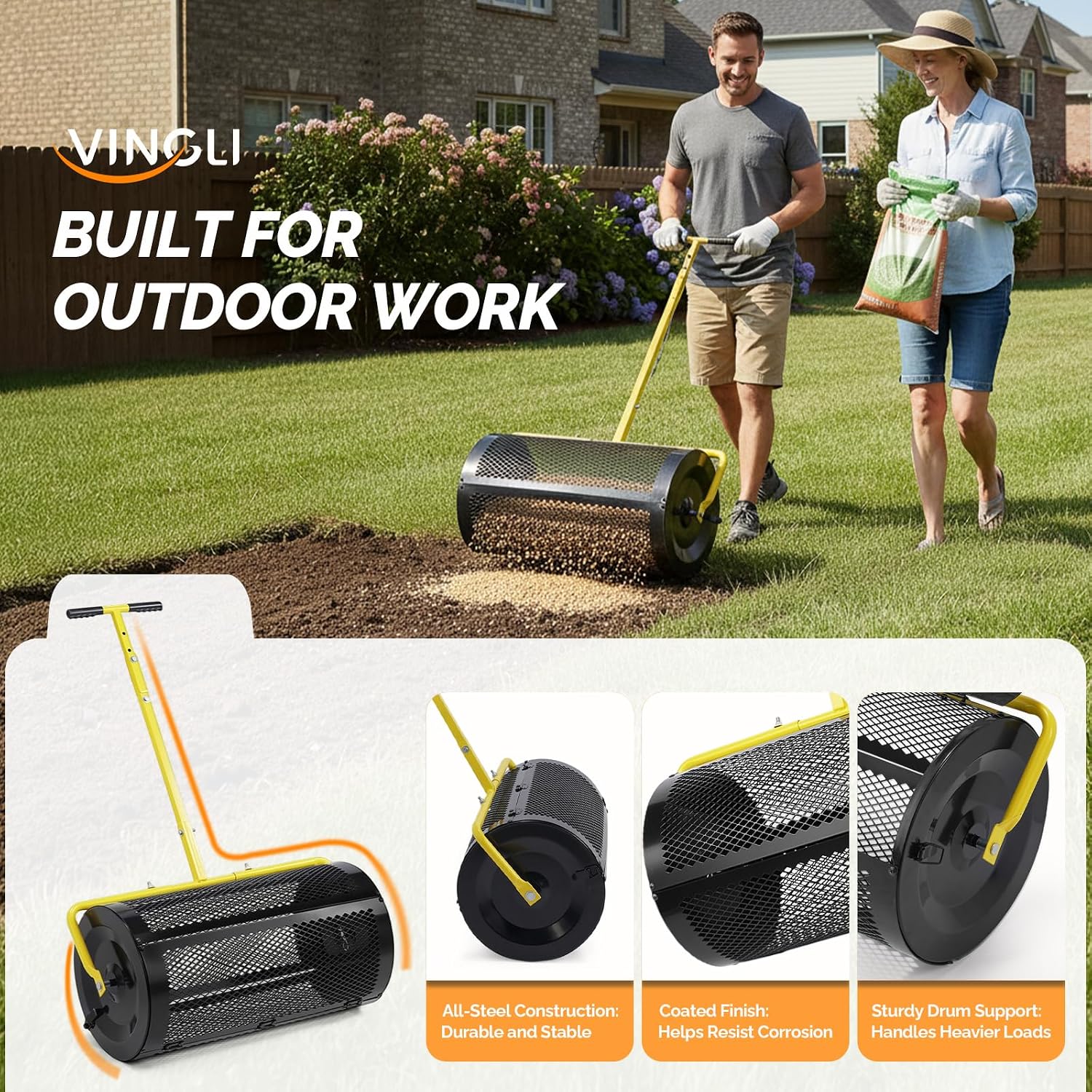 VINGLI Compost Spreader, 24 inch Peat Moss Spreader with Height Adjustable Handle, T Shaped Handle Peat Moss Roller, Seed Spreader for Lawn Backyard Outdoor (24"-Black & Yellow)
