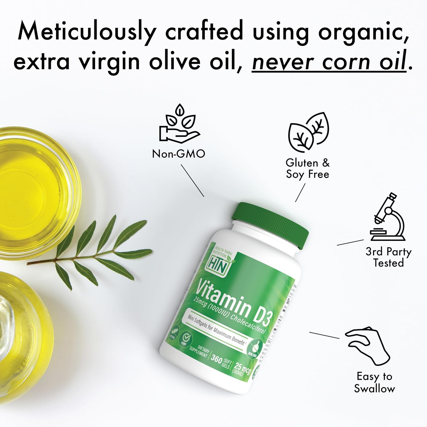 Health Thru Nutrition Vitamin D3 2000iu - 50 mcg 365 Mini Softgels | Vitamin D Supplement as Cholecalciferol | Immune Health Support | 3rd Party Tested | Non-GMO USP Grade in Organic EVOO