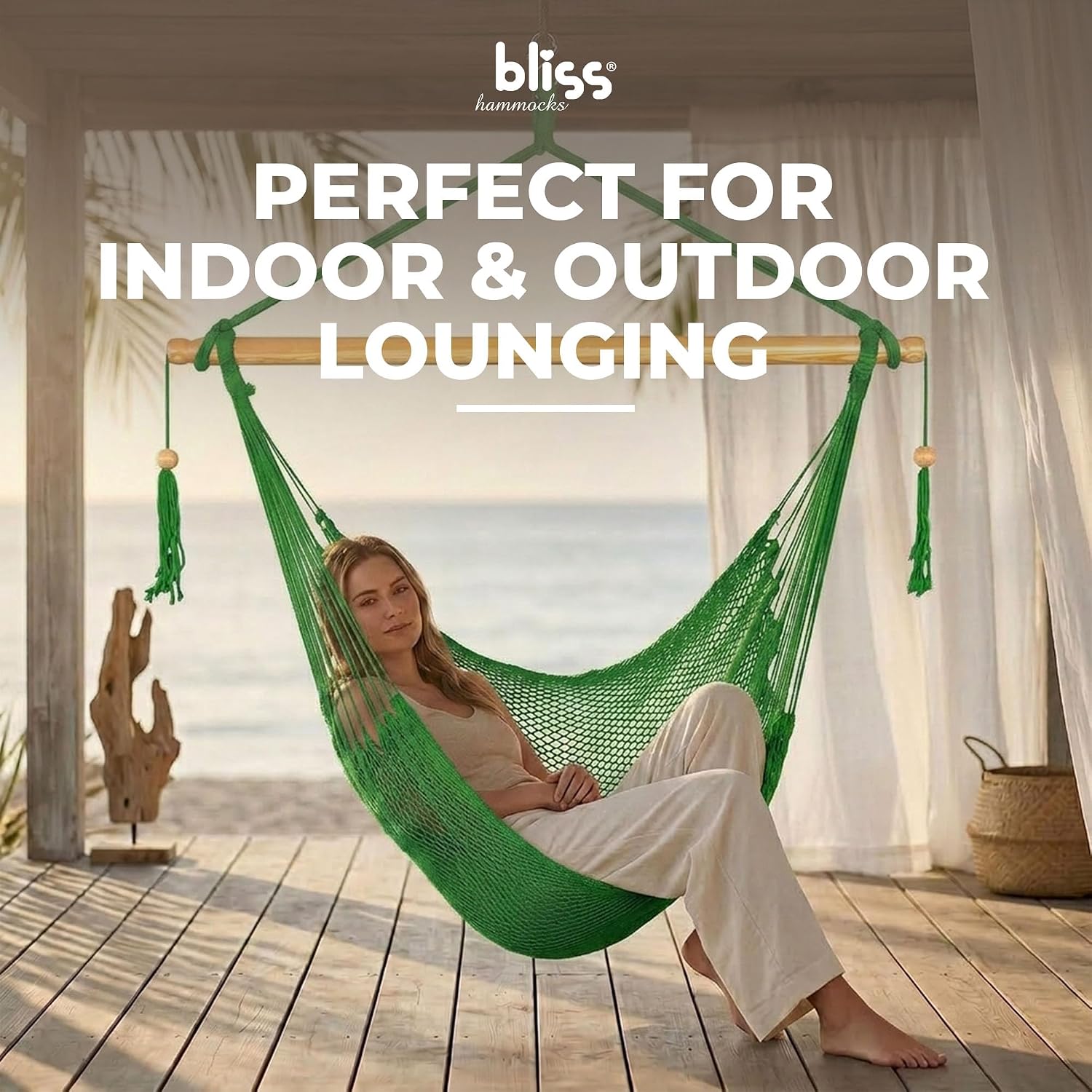 Bliss Hammocks BHC-412NT Island Rope Hammock Chair, Eco Friendly & Hand Woven, Varnish Coated 40 Inch Wood Spreader, Easy to Hang w/Included Hanging Kit, Supports up to 265 pounds, Natural Rope