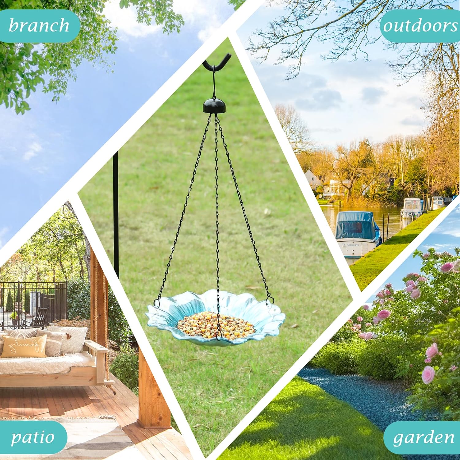 VCUTEKA Hanging Bird Baths Outdoor Glass Birdbath Feeder for Garden Decor
