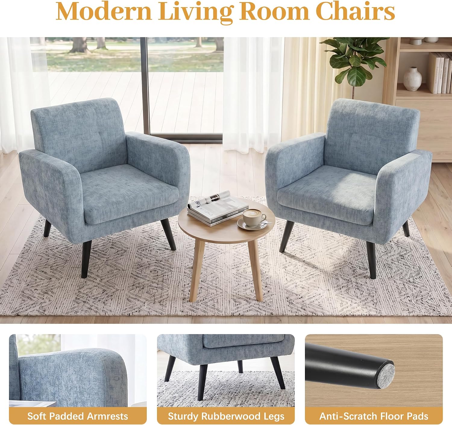 LSSPAID Modern Accent Chairs, Upholstered Fabric Cozy Armchairs, Living Room Side Chair with Solid Wood Legs, Blue