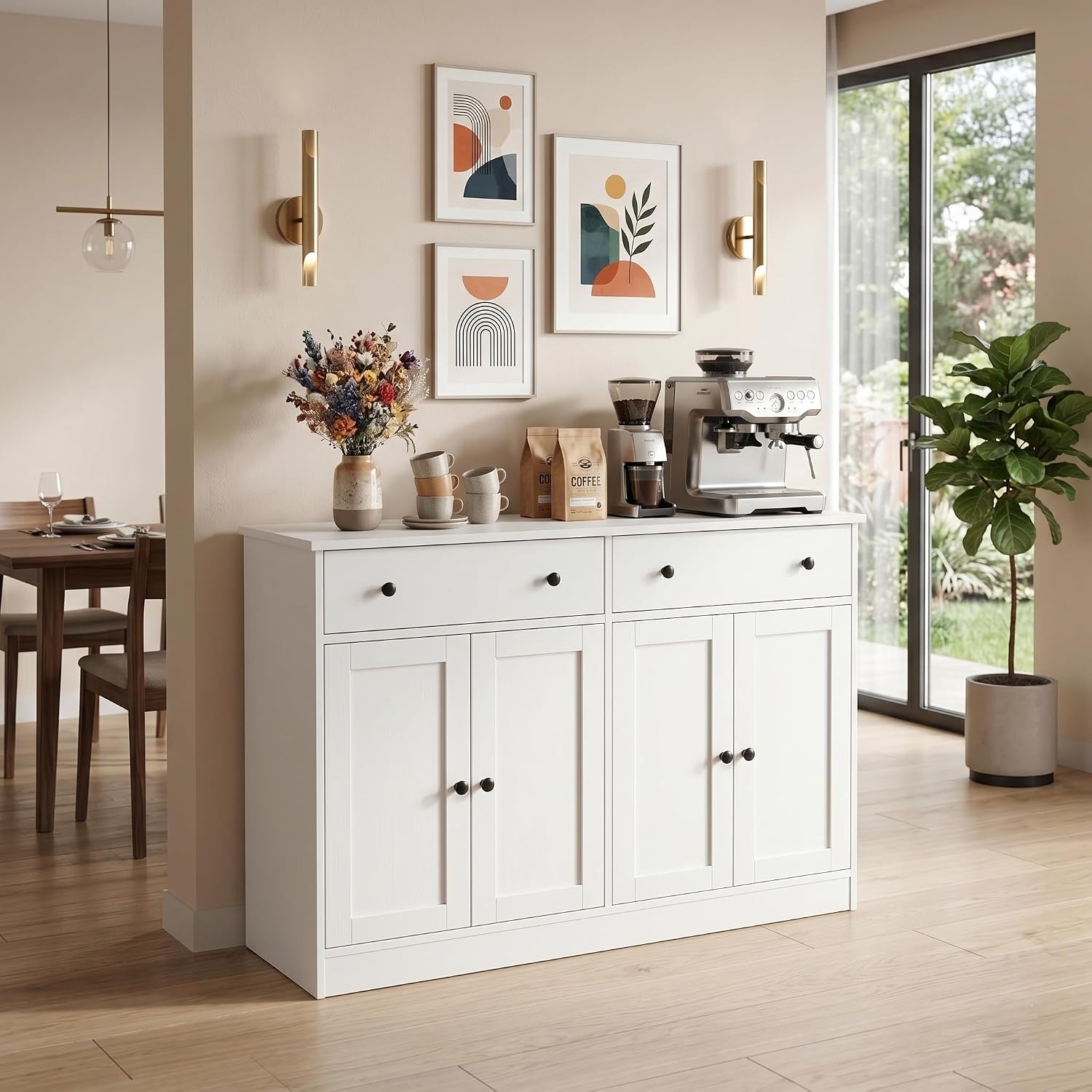 holzart White Buffet Cabinet with Storage, 49" Modern Kitchen Sideboard with 4 Doors & Adjustable Shelves, Wood Coffee Bar Cabinet Console Table for Dining Room, Living Room, Entryway