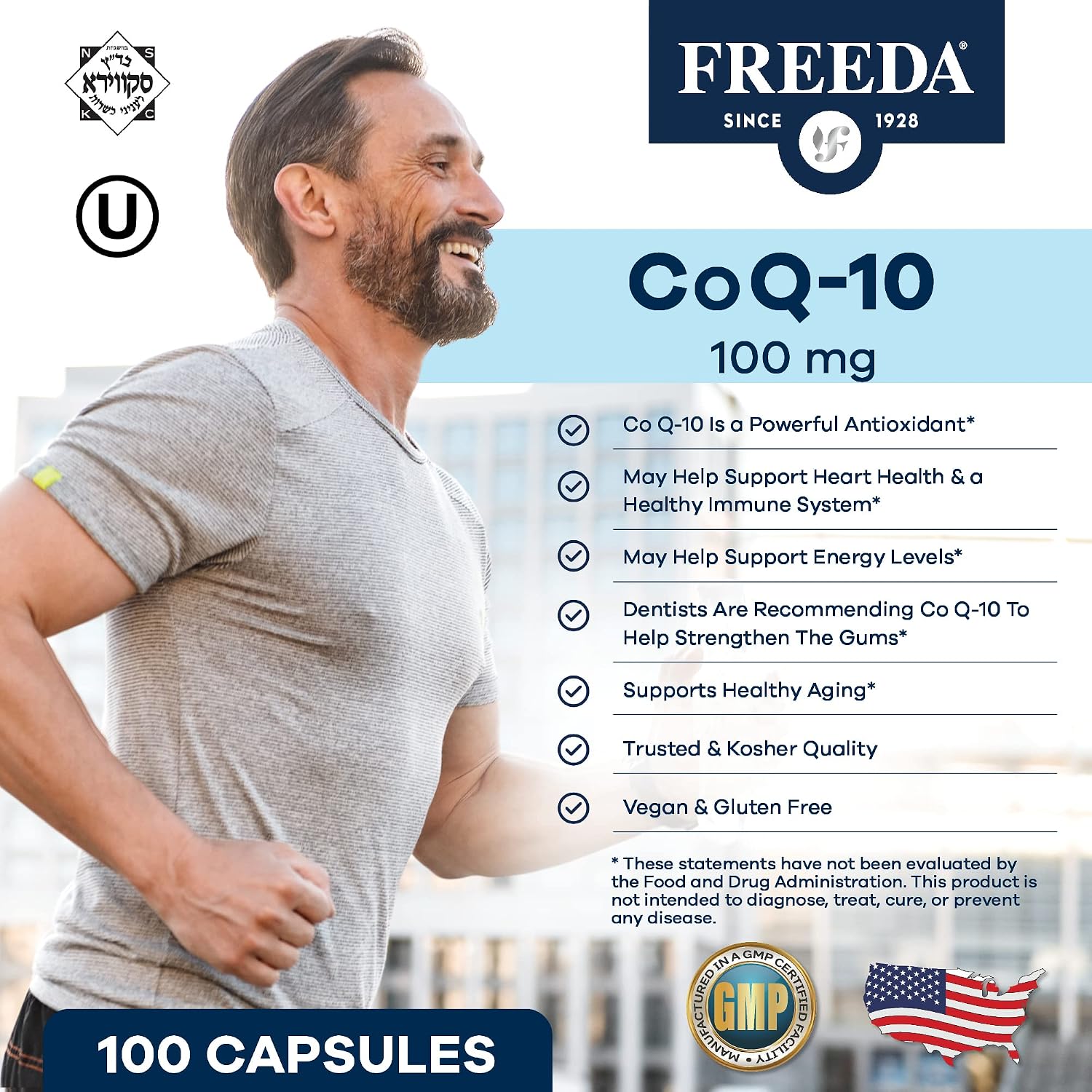 FREEDA CoQ10 100mg - Kosher Coenzyme Q10 Dietary Supplement for Cardiovascular Heart Health, Blood Pressure Support, Oral Gum Health