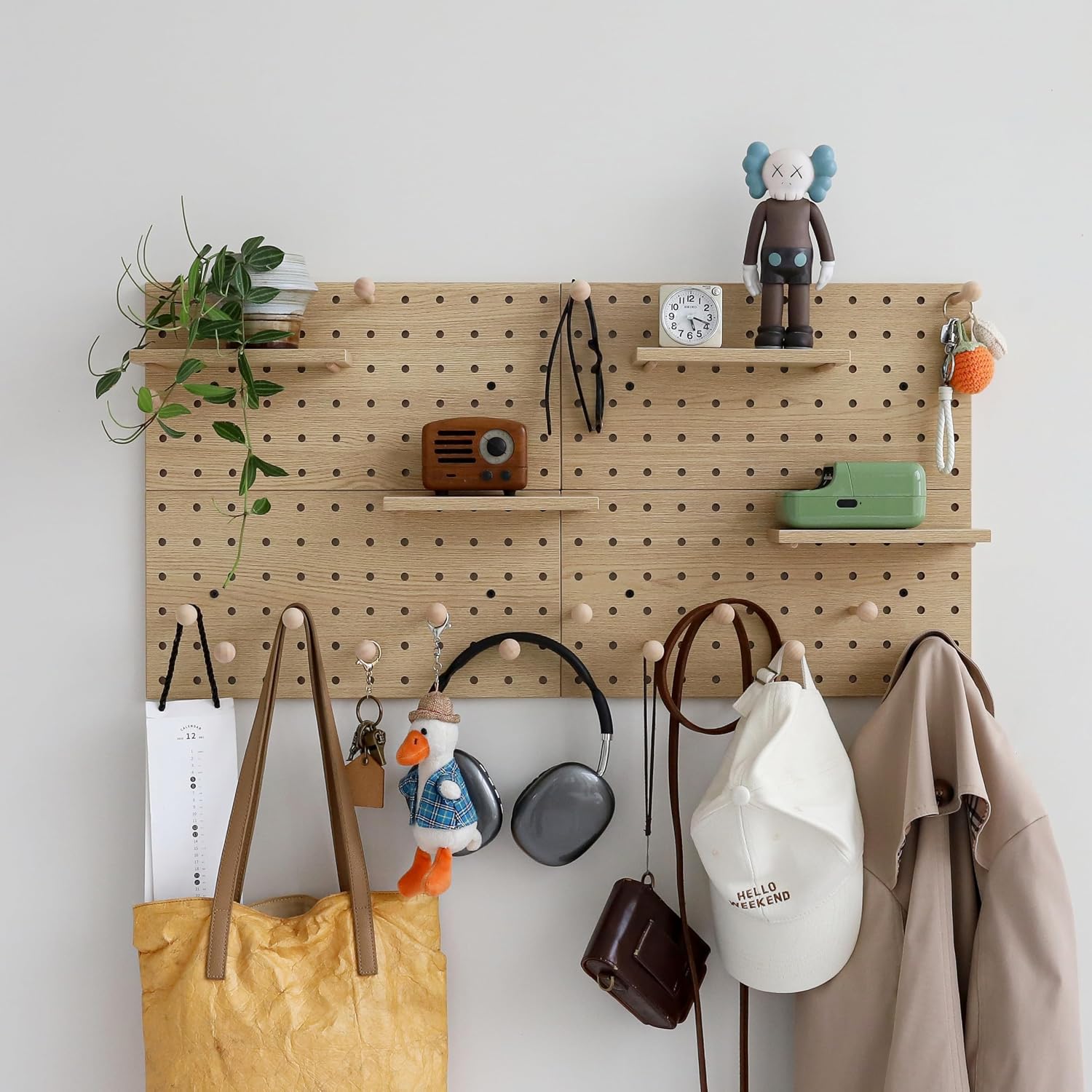 Wooden Pegboard Modular Display Organization Storage Wall Hooks Shelf(Color:Oak)