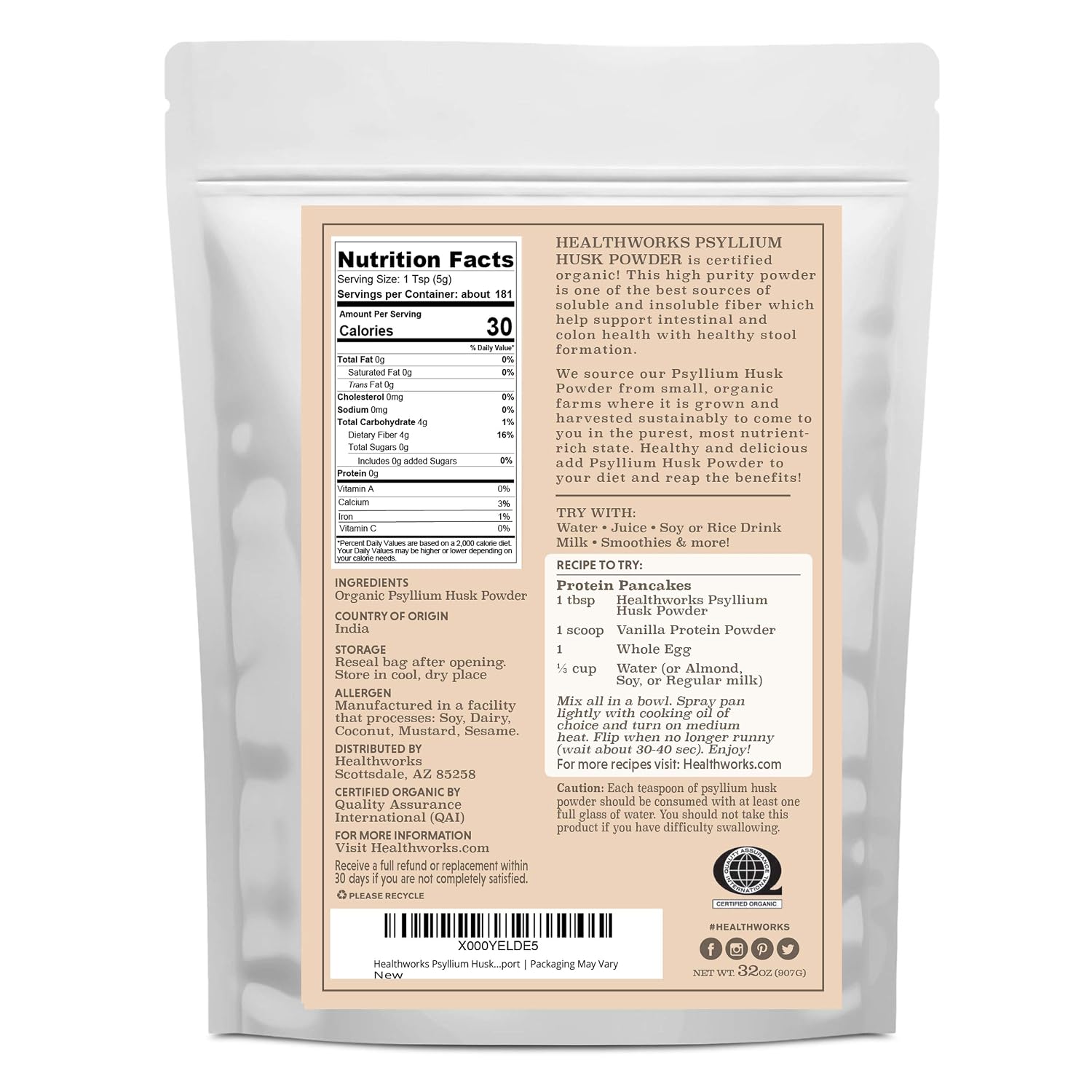 Healthworks Superfoods Organic Psyllium Husk Powder 2 lb Keto Soluble Fiber | Organic, Powder, 1 lb, Soluble Fiber, Digestive Support, Keto, Non-GMO, Vegan, For Gut Health, Prebiotic, Gluten-Free, Paleo