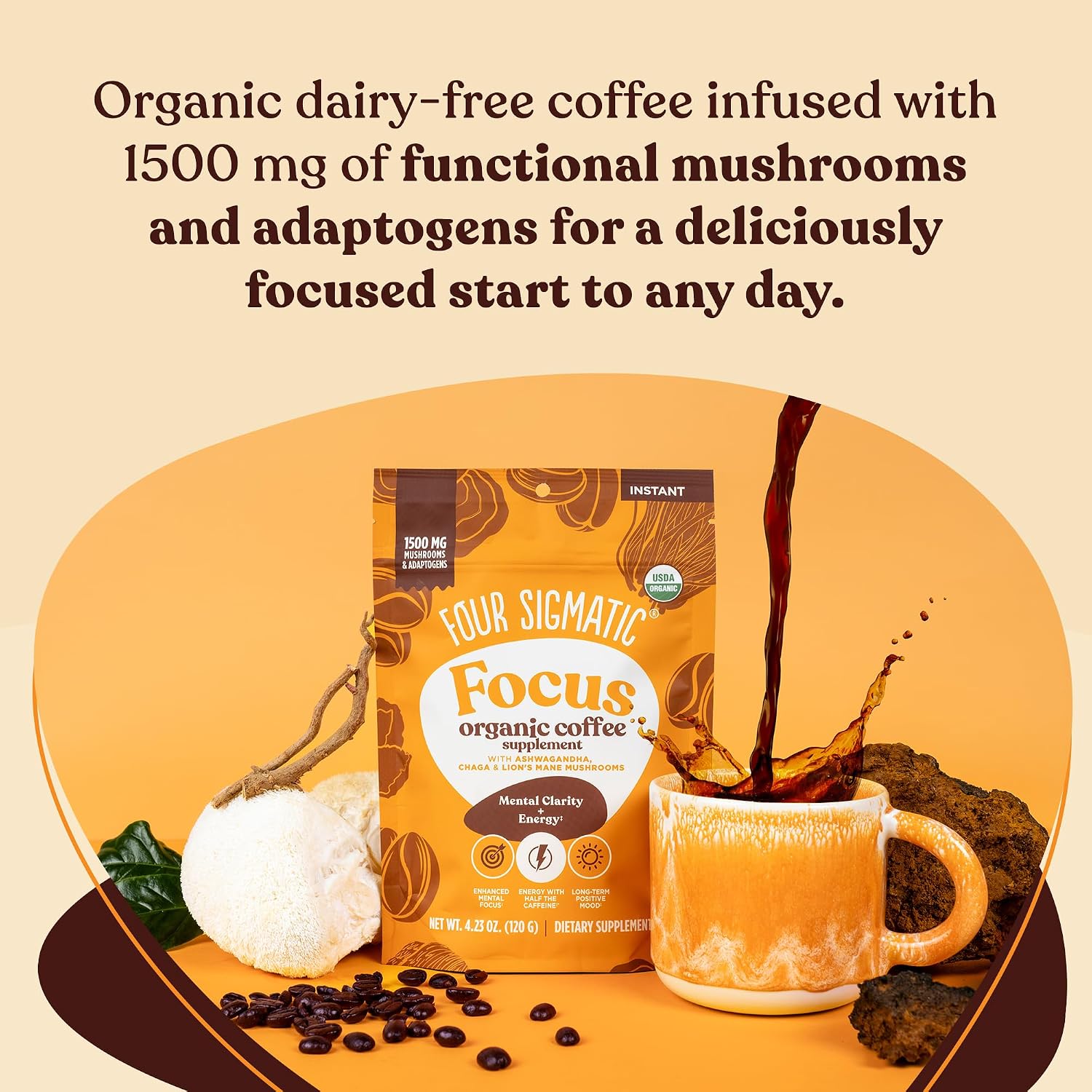 Four Sigmatic Organic Instant Coffee Powder | Mushroom Coffee Instant Mix with Cordyceps, Chaga and Eleuthero for Better Focus and Immune Support | 10 Packets