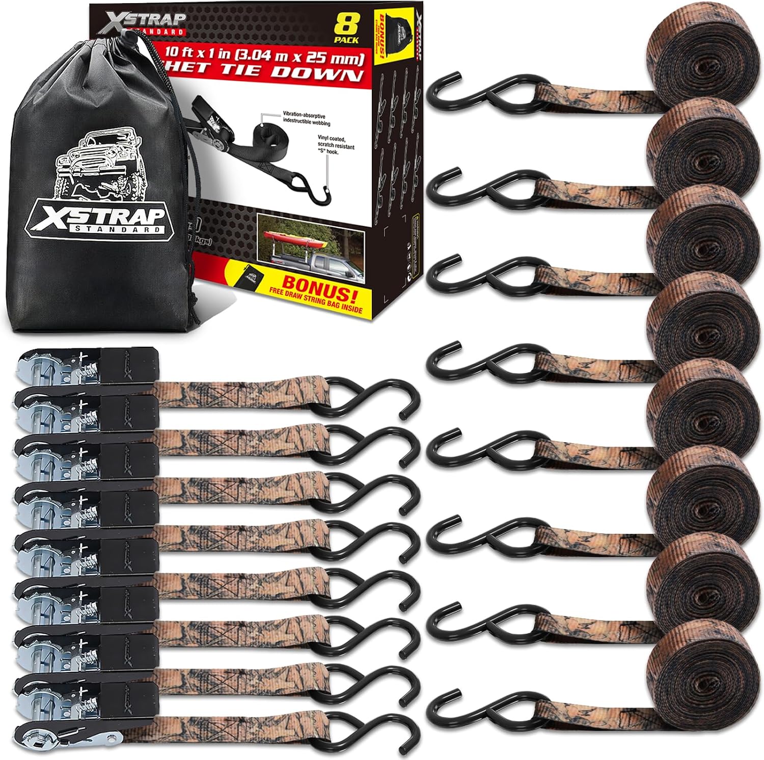 XSTRAP STANDARD 8-PK Ratchet Tie Down Straps, 1" x 10ft Cargo Strap, Yellow