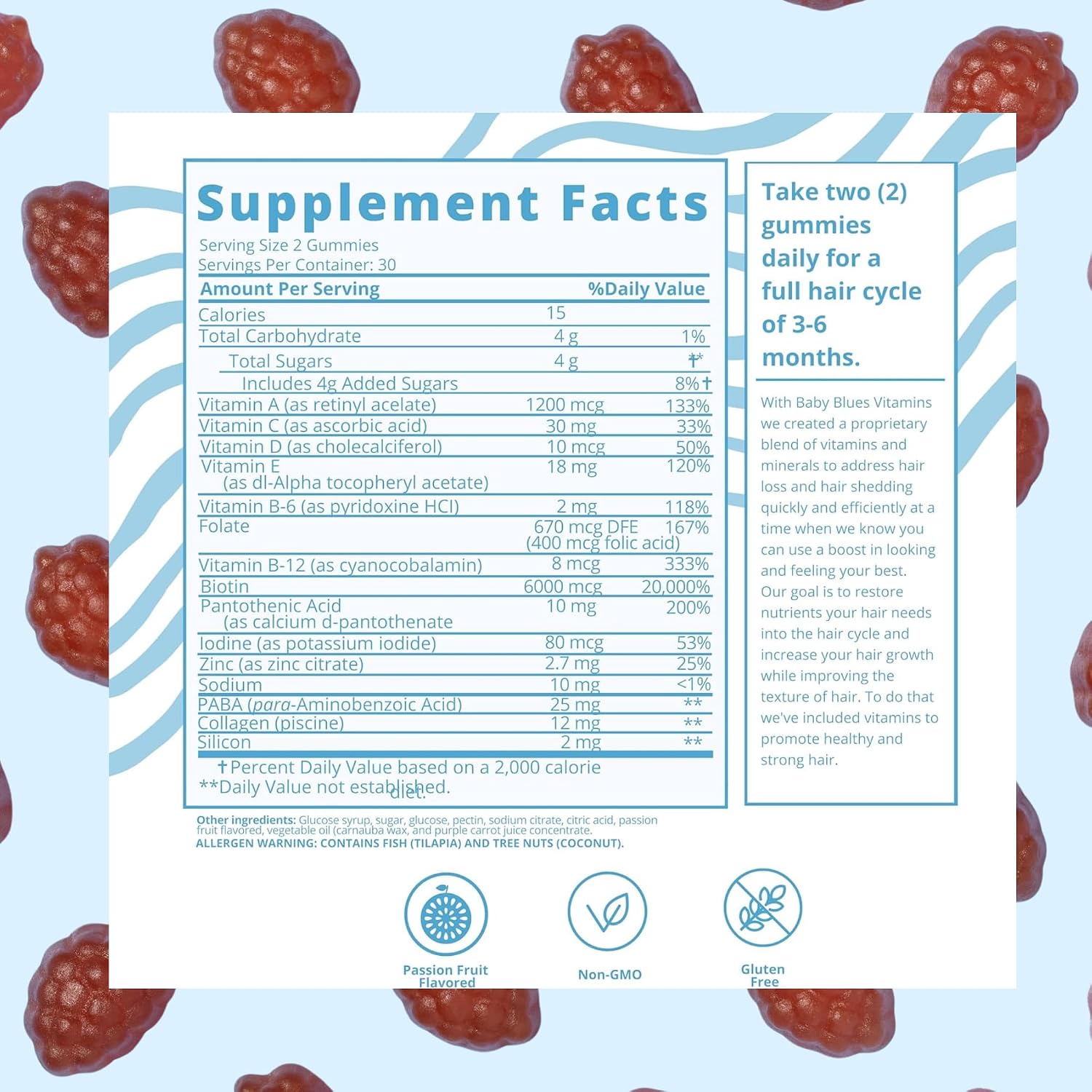 Baby Blues Postpartum Hair Loss Vitamins & Gummies for Women, Biotin & Collagen for Hair Growth Support, Thinning Hair Support