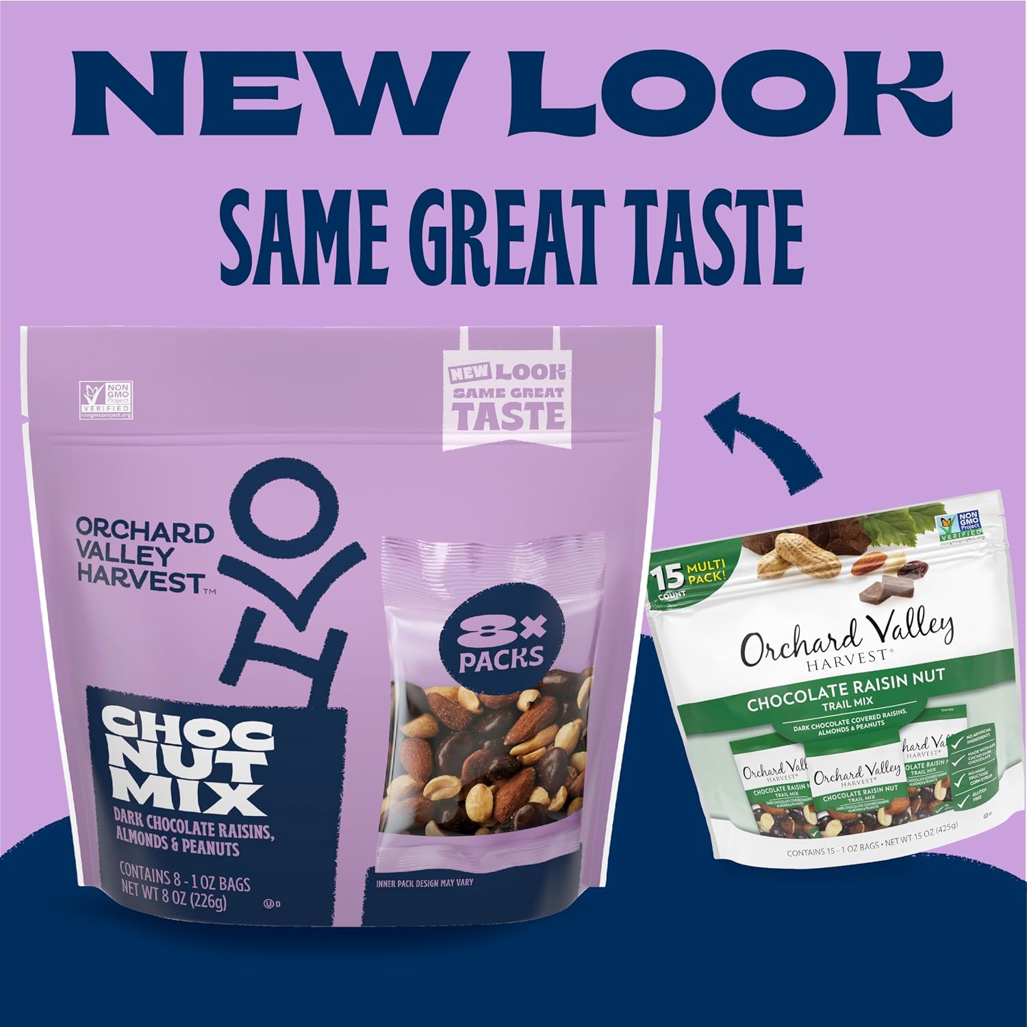 Orchard Valley Harvest Choc Nut Mix Multipack, 1 oz, Pack of 8 | Dark Chocolate Raisins, Almonds & Peanuts, Gluten Free, Stand Up Bag, Non-GMO, 4g Plant Protein, On-The-Go Snack