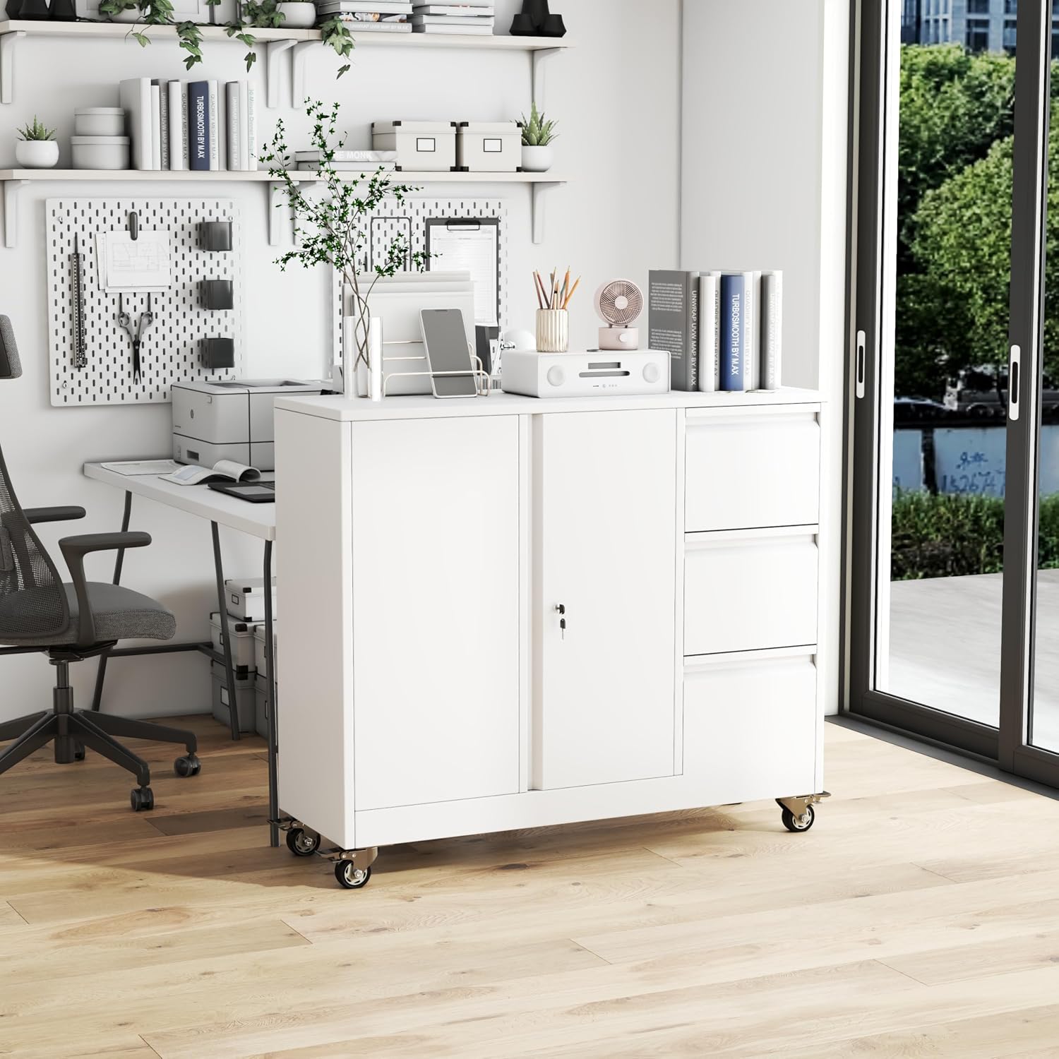 3 Drawer File Cabinet, Office Mobile Filing Cabinet, Printer Stand | All-in-One Office Storage, 3 Storage Drawers, 2 Adjustable Shelves, Lockable Cabinet, 4 Casters, 46.5-Inch Top
