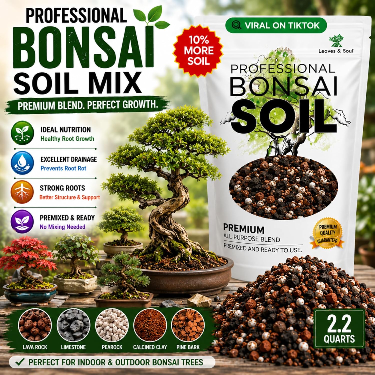 Professional Bonsai Soil Mix Ready to Use | Large 2.2 Quarts, Premium Potting Soil for Bonsai Trees