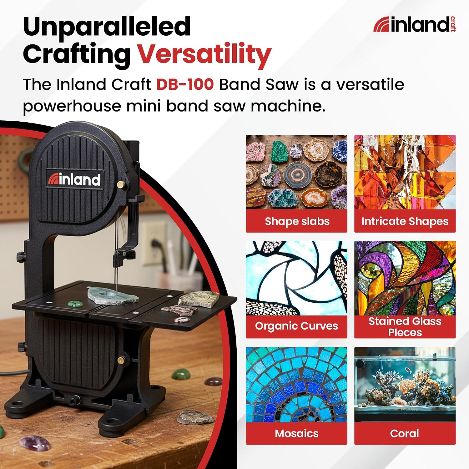 Inland Craft DB-100 Band Table Machine for Cutting Stained Glass, Diamond Blade Band, Lapidary Slab Saw, Rock, Coral & Stone Polisher, Hobby Bandsaw