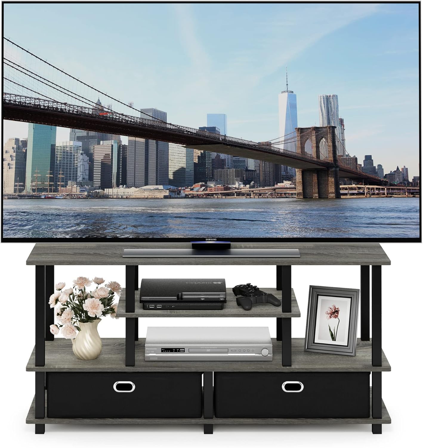Furinno Moretti 3-Tier Metal Frame TV Stand, French Oak Grey