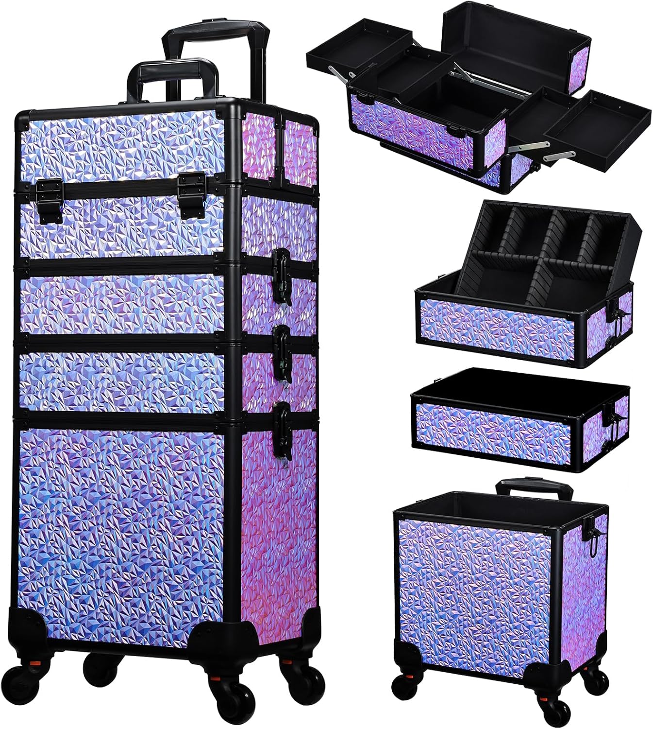 Stagiant Rolling Makeup Case Cosmetology Case on Wheels 4 in 1 Large Cosmetic Organizer Train Case Makeup Travel Case with Key Swivel Wheels Nail