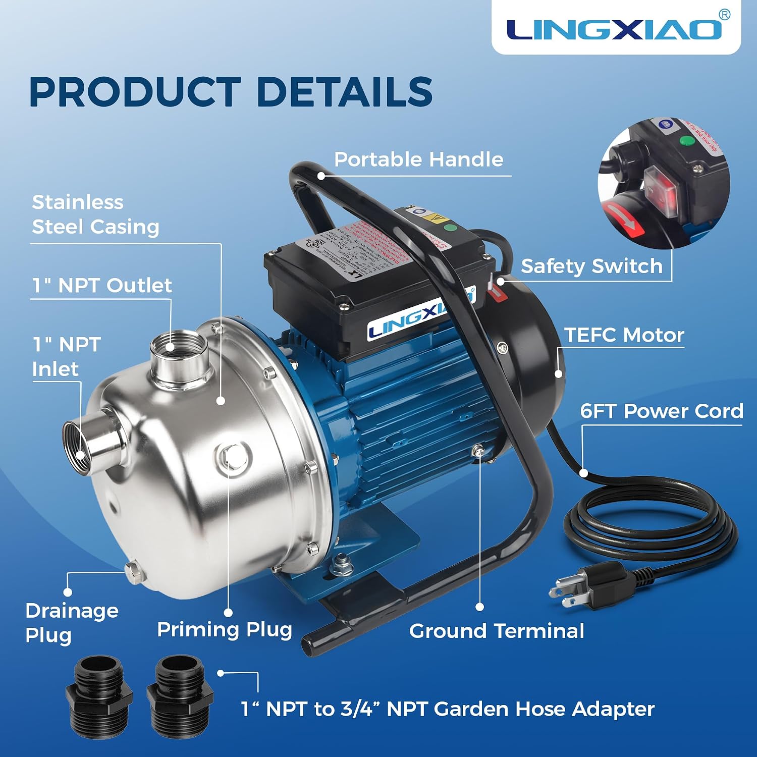 1HP Irrigation Pump, 1110 GPH, Portable Shallow Well Pump, 115V, 141 FT Height, Stainless Steel Sprinkler Pumps for Garden Lawn Farm Irrigation System