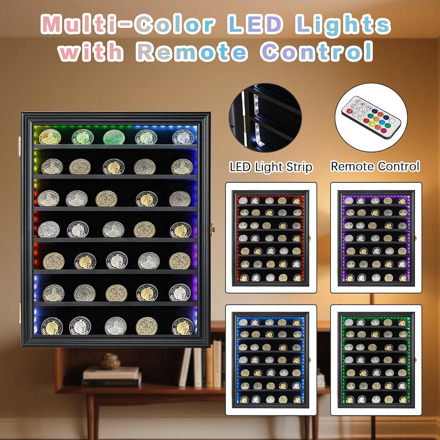 Jinchuan Military Challenge Coin Display Case Lockable Cabinet Rack Holder Shadow Box with Removable 2 Grooves Shelves and Anti Dust Door for Casino