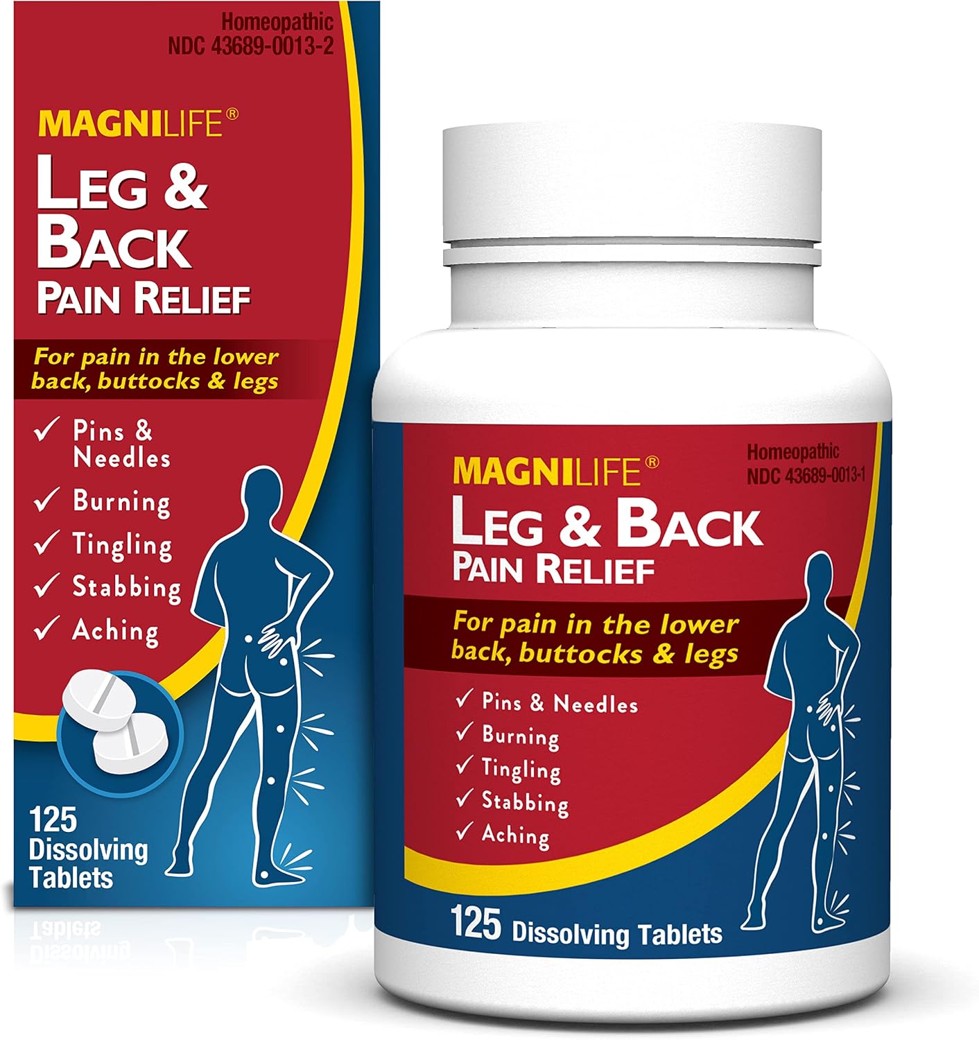MagniLife Leg & Back Pain Relief Tablets, 125 Ct, Fast-Acting Pain Relief Naturally Soothes Burning, Tingling & Stabbing Aches
