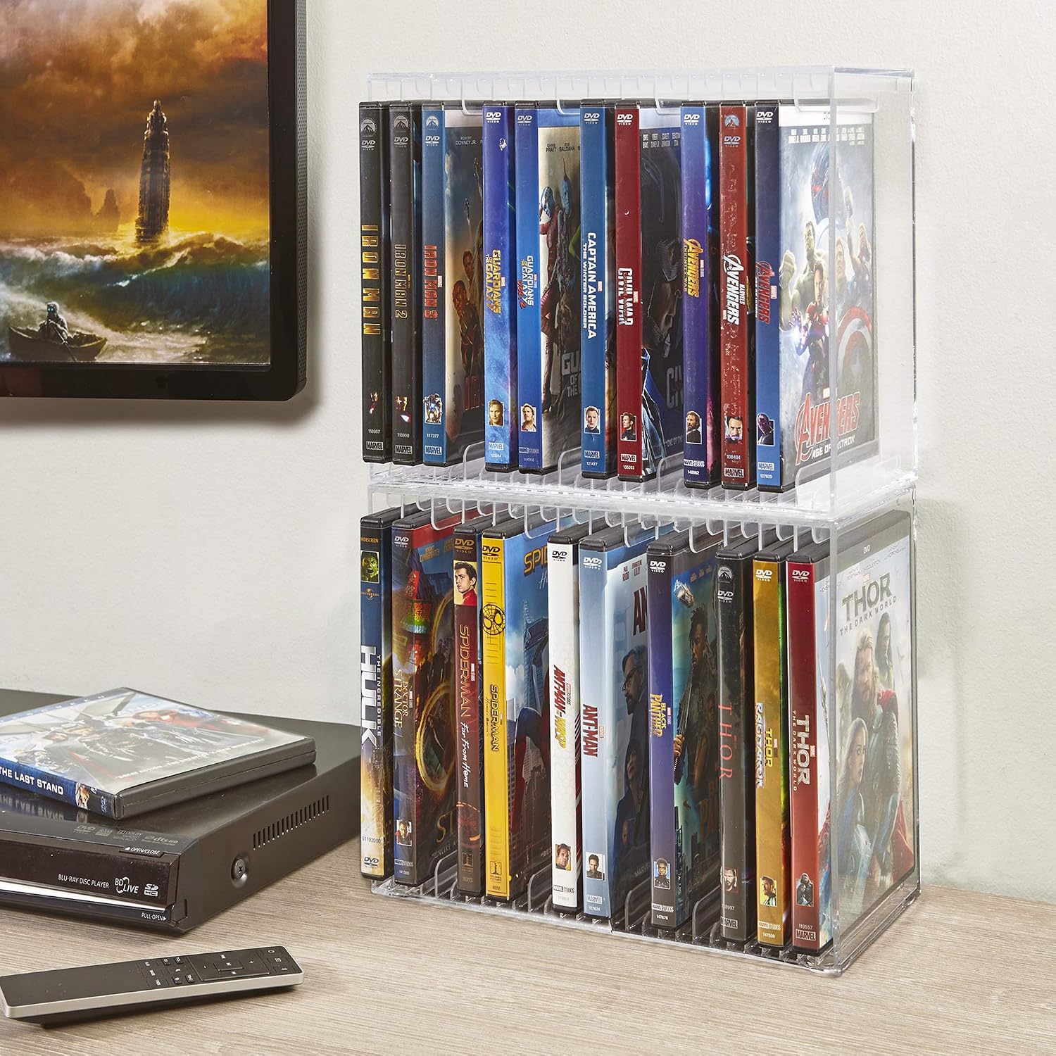 STORi Stackable Clear Plastic DVD Organizer with Rubber Feet | Rectangular Holder Perfect for Theater Room | Holds up to 14 Standard DVD Cases