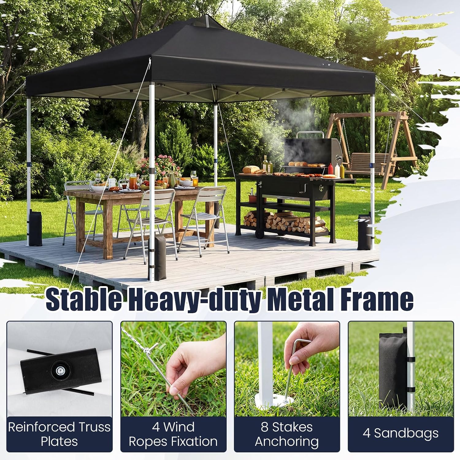 Tangkula 10 x10 Ft Pop Up Canopy with Center Lock, UPF 50+ One-Button Setup Outdoor Canopy Tent with Roller Bag, 4 Sand Bags, Heavy-Duty Steel Frame