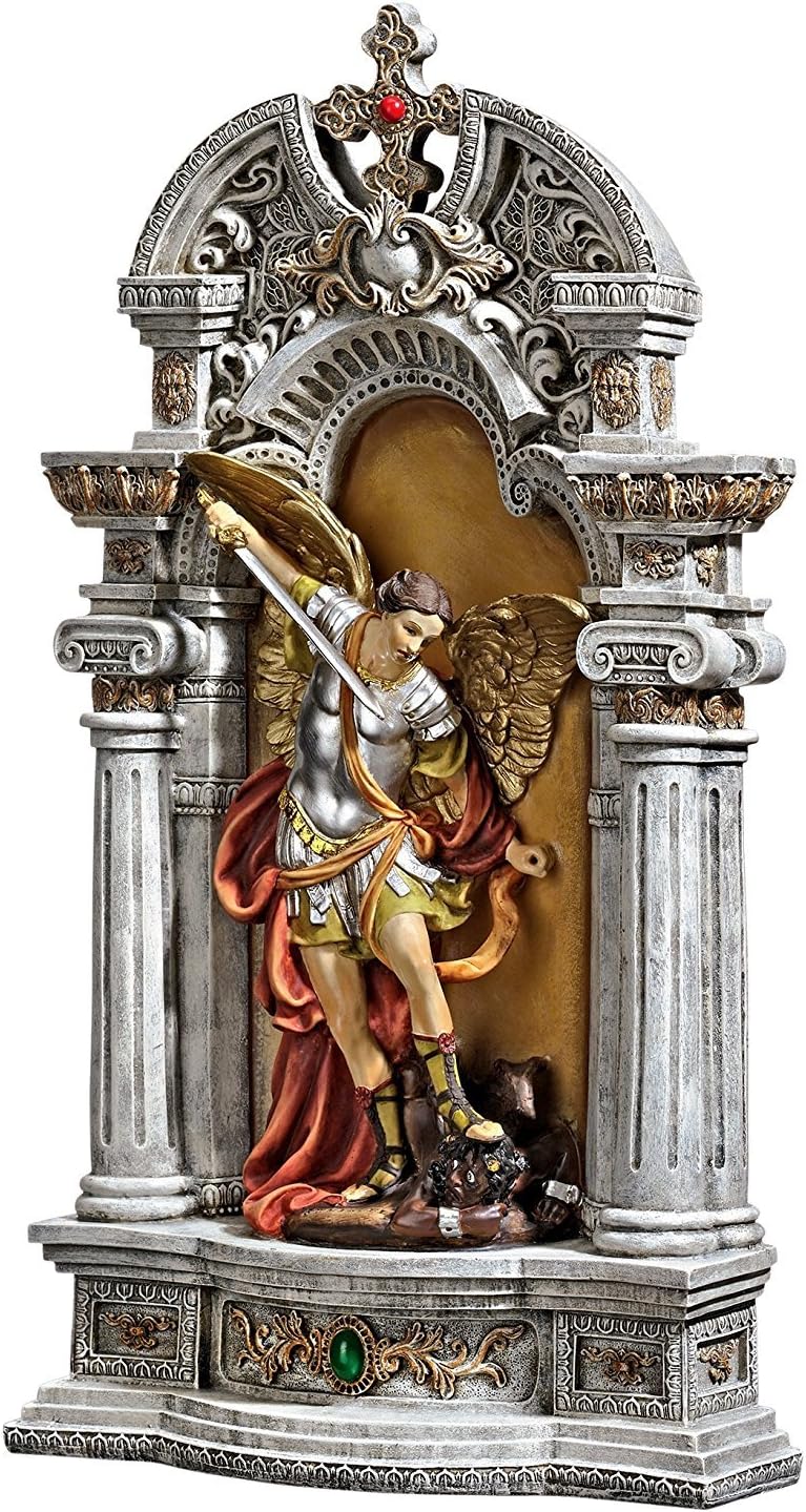 Design Toscano Niche of Michael the Archangel Religious Statue and Wall Art Hanging, 8 inches wide, 15 inches tall, Cast Stone Resin, Full Color Paint