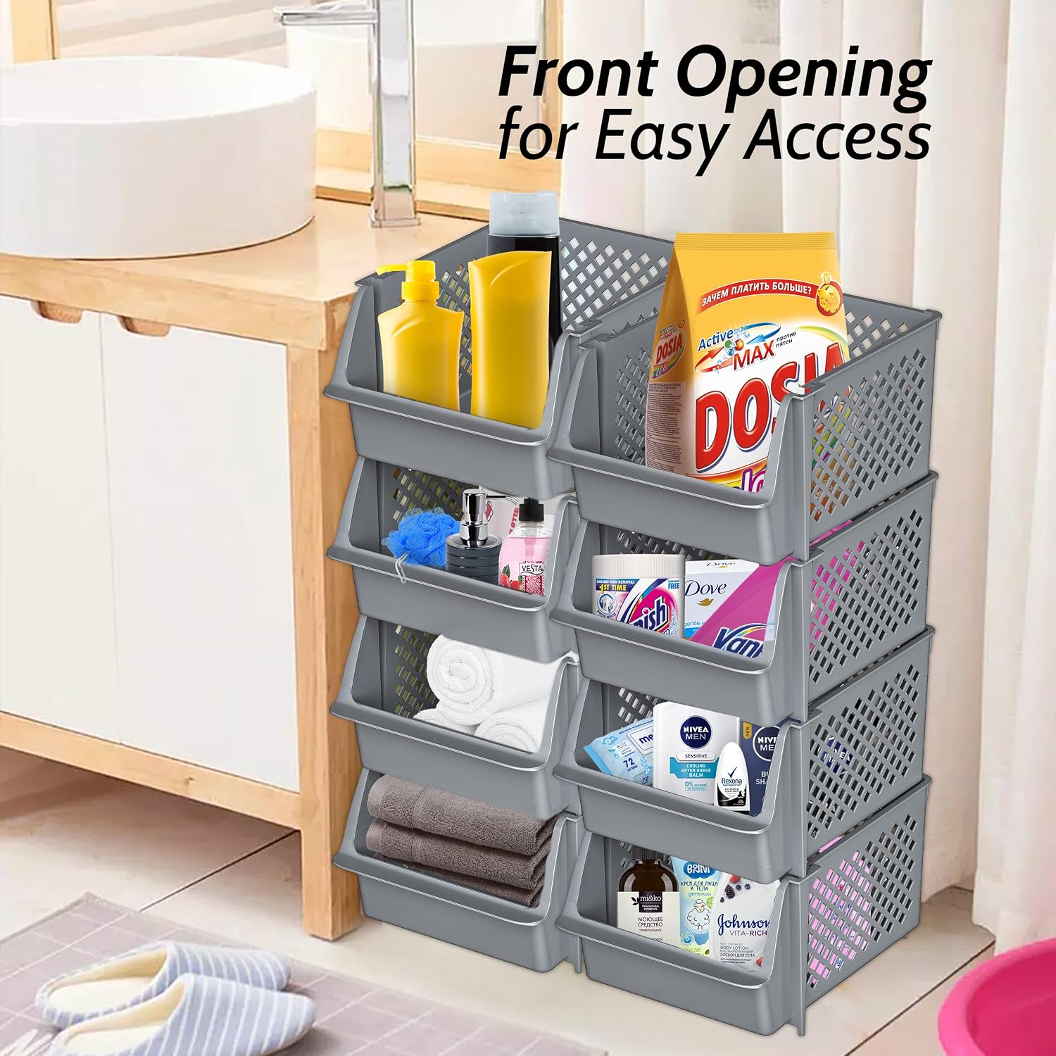 Skywin Stackable Storage Bins Open Front for Pantry Storage, 4 Pack - Black
