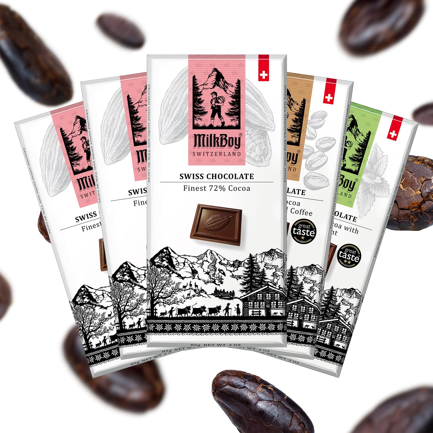 MilkBoy Swiss Chocolates Chocolate Bar Variety Flavors - 3 oz, 5 Pack | Includes milk, dark, white bourbon vanilla, caramel sea salt & almond flavors. Rainforest Alliance certified cocoa. Kosher.