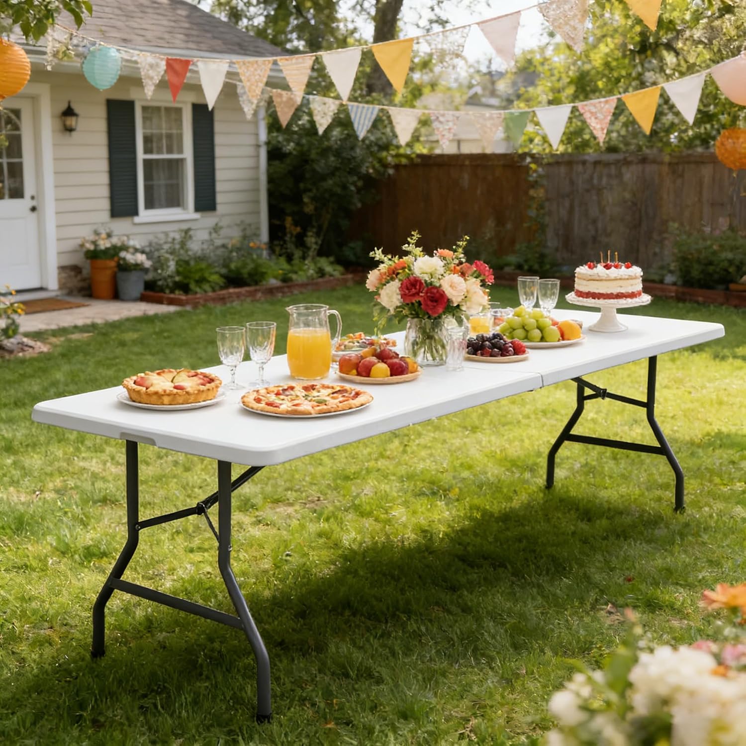 SUPER DEAL 6FT Folding Table for Indoor Outdoor, Portable Heavy Duty Fold-in-Half Plastic Dining Picnic Party Camping Table with Carrying Handle