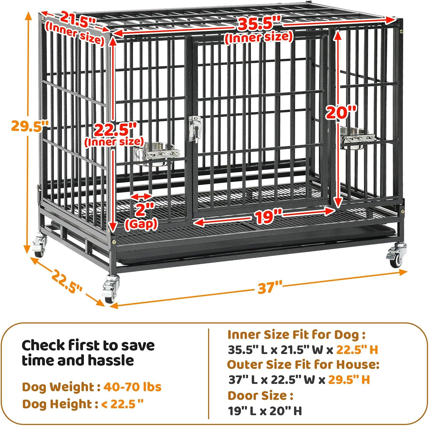 Homey Pet Taller 43" Heavy Duty Double Dog Crates with Divider & Dual Door | Drop Cage for Dogs with Lockable Wheels, Bowls, Removable Tray, Top Access, Ideal for Small to Medium & Large Dogs, Breeders