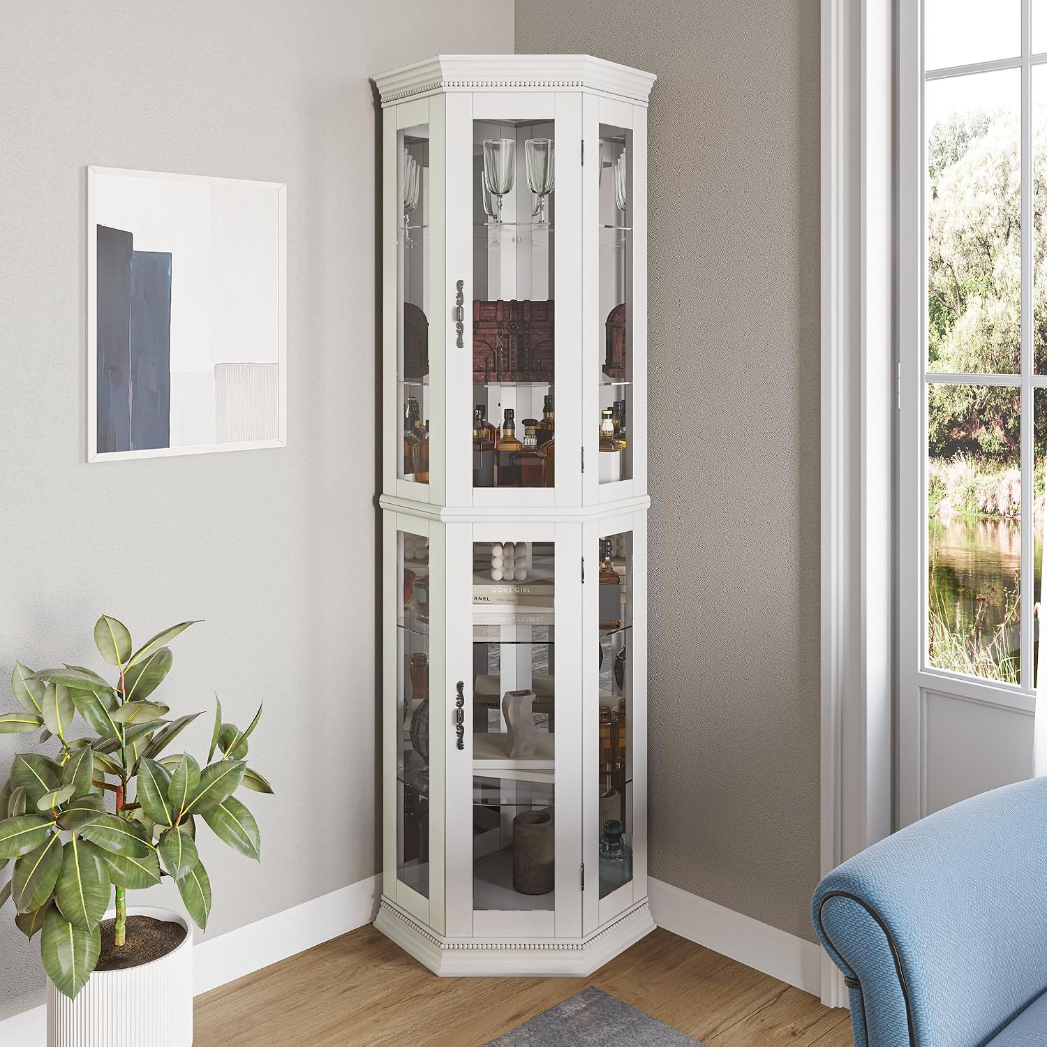 BELLEZE Lighted Wooden Corner Display Curio Cabinet, Two Section Shelving Unit with Tempered Glass Door