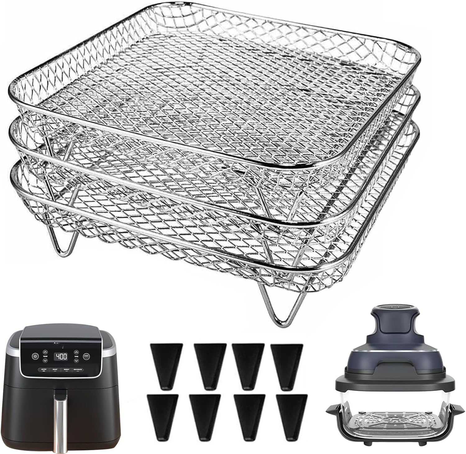 7 Inch Air Fryer Rack Compatible with Ninja Crispi/Ninja Pro 5QT/ Cosori 5QT/ Chefman 5-6QT/ Instant Pot 4Qt Vortex Air fryer &More, 3pcs Stackable Stainless Steel Air fryer Basket with 8 Silicon Feet