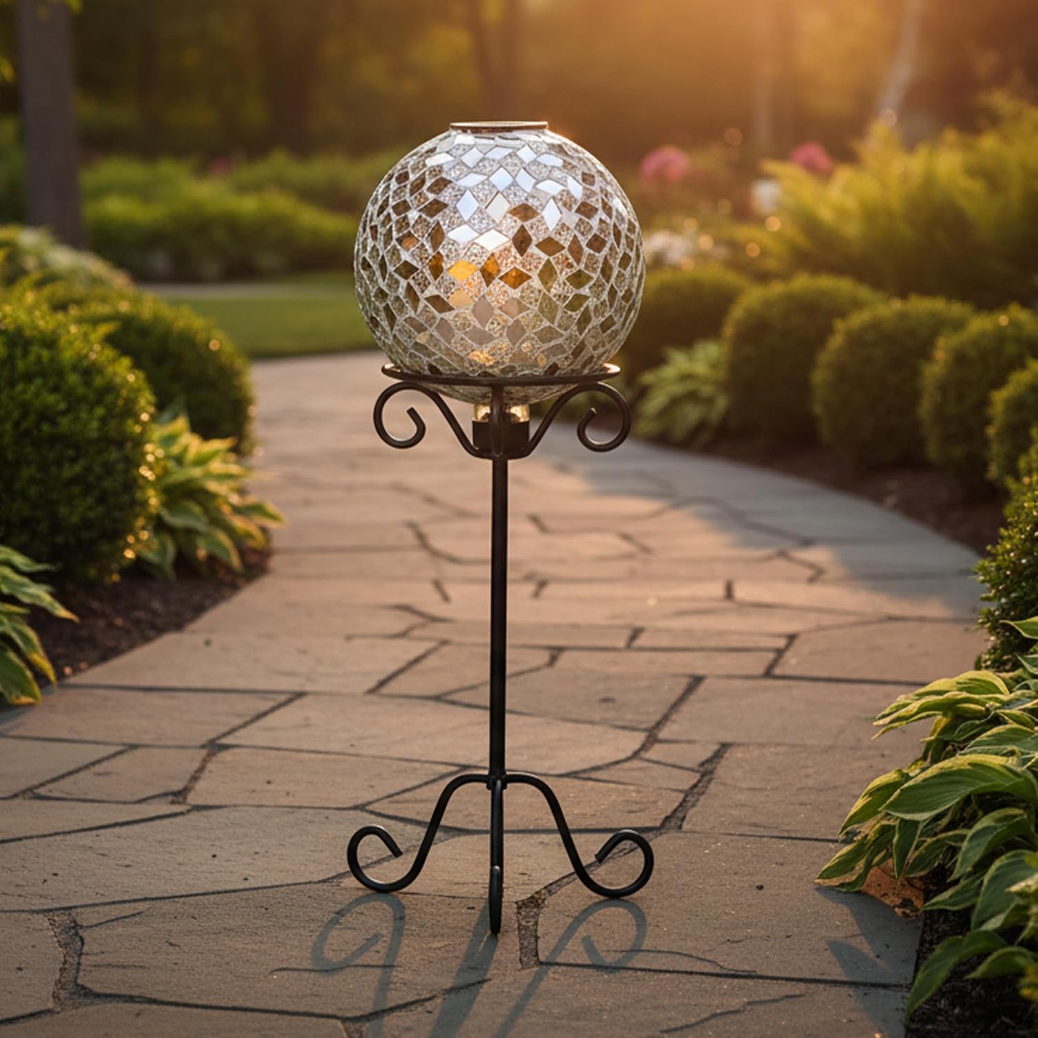 Sunnydaze Solar Gazing Ball for Garden, Mosaic Cool Blooms