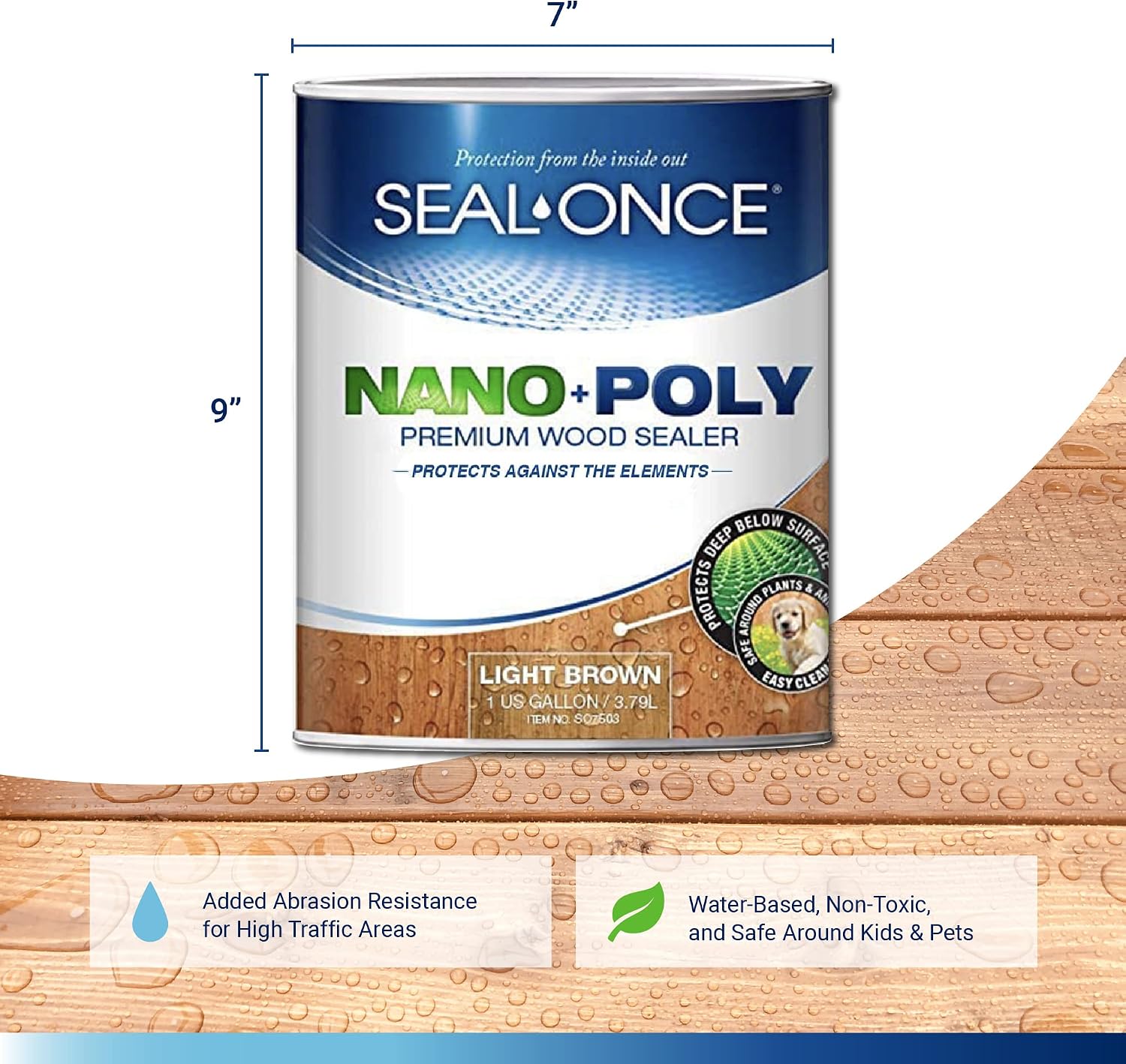 Seal-Once Nano+Poly Wood Sealer and Waterproofer, Clear, 1 Gallon | With Polyurethane, Water-based, Low-VOC, Waterproofer & Stain, For Decks, Fences & Log Homes