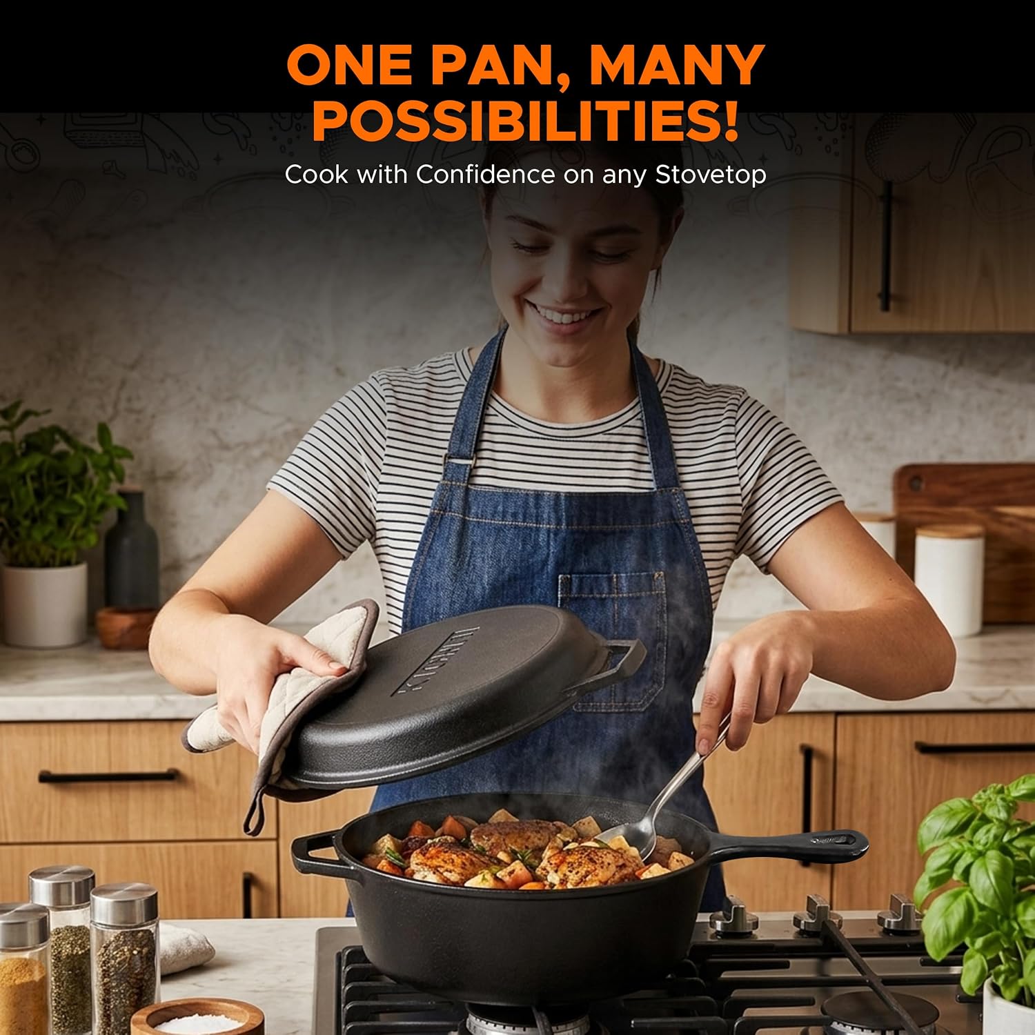 KICHLY Combo Cooker Cast Iron Dutch Oven with Lid 2 in1, PFAS Free Pre-seasoned Multi Cookware Skillet