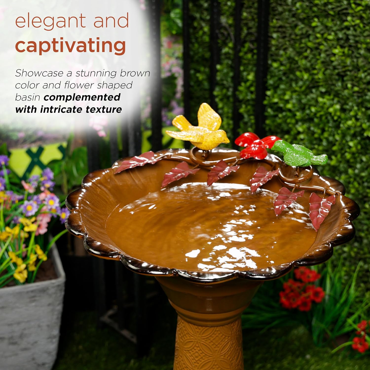 Alpine Corporation - 28" Tall Outdoor Metal Birdbath with Birds and Leaves Yard Statue Decoration, Red – Stunning Garden Accent to Attract Birds - Durable Construction for Patio, Deck, or Yard