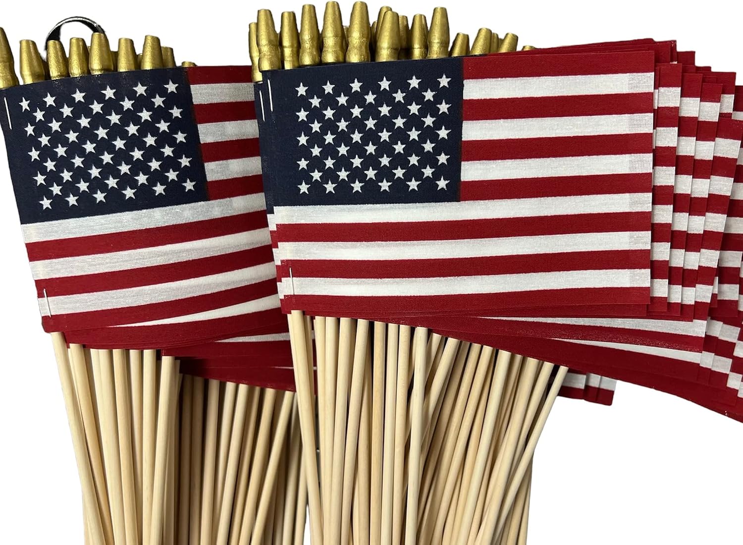 Lot of -100-4x6 Inch US American Hand Held Stick Flags With Spear Tip Cotton Blend Made in USA