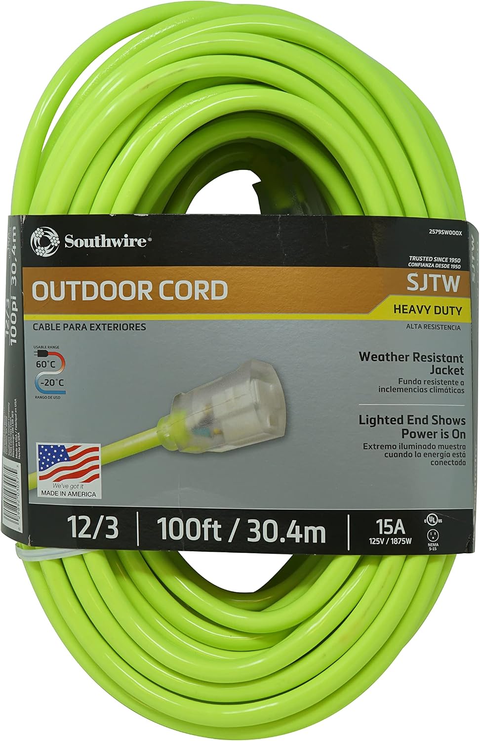 Southwire 02579-0X 100-Foot 12/3 Neon Outdoor Extension Cord; Bright Green